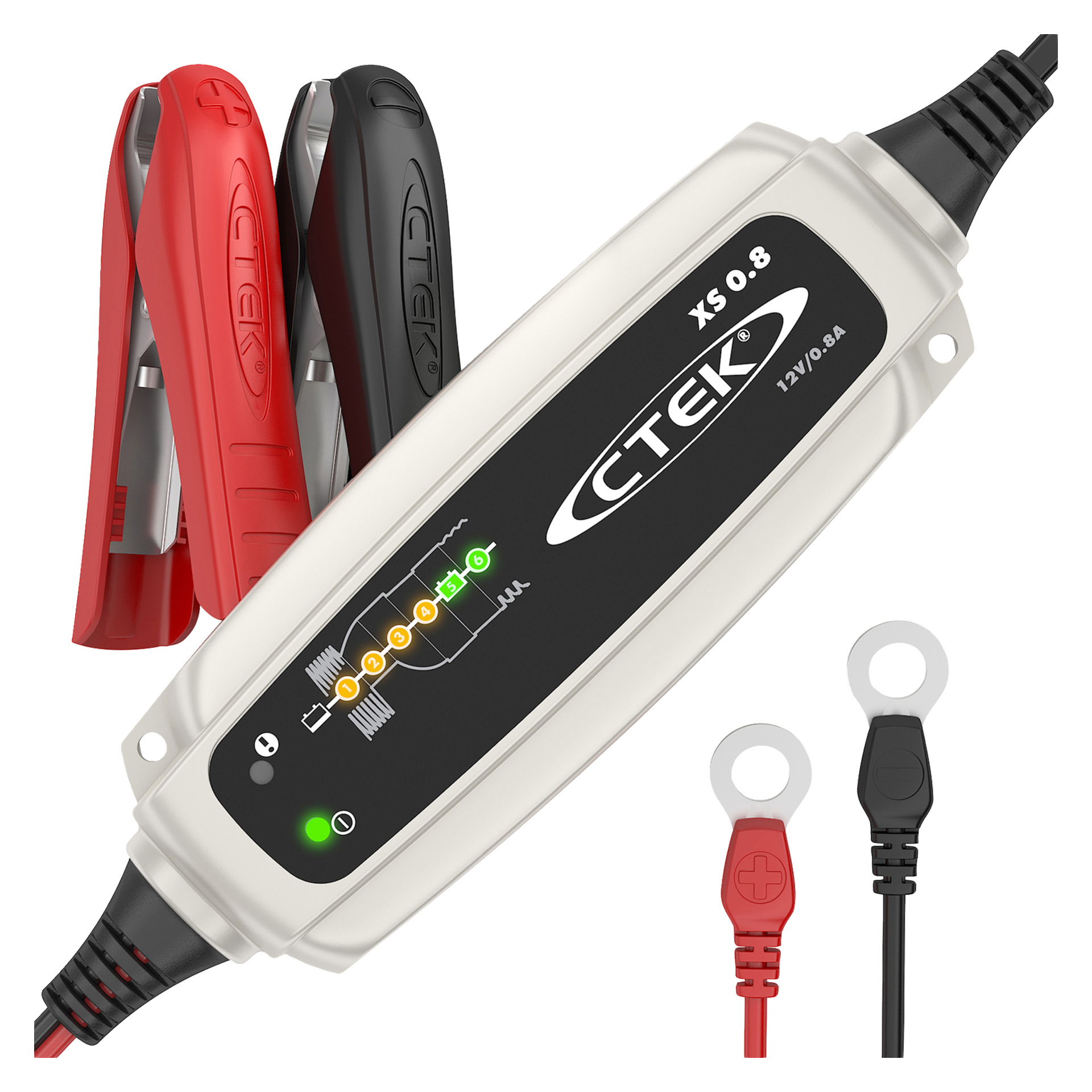 Ładowarka do baterii CTEK XS 0.8 z czarno-białą obudową, czerwonymi i czarnymi zaciskami, złączami zacisków pierścieniowych, kontrolkami kontrolnymi, krokami ładowania wydrukowanymi na urządzeniu.