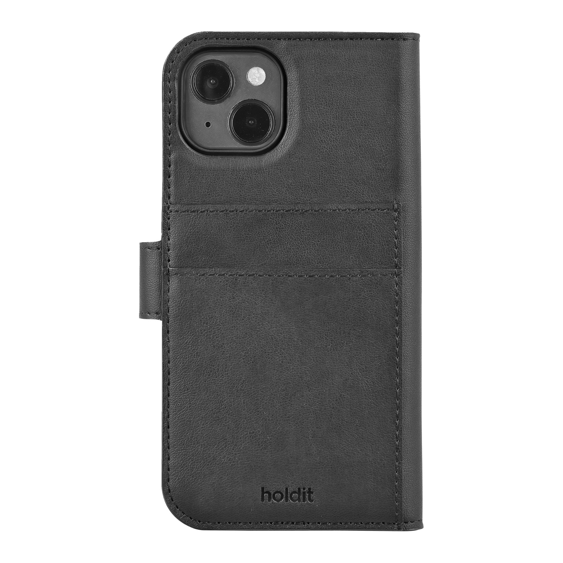 Holdit Wallet-dekselet for iPhone 13/14/SE er svart skinn, med to utskjæringer bak kameraet, "Holdit" preget under, to kortspor og en sidestropp.