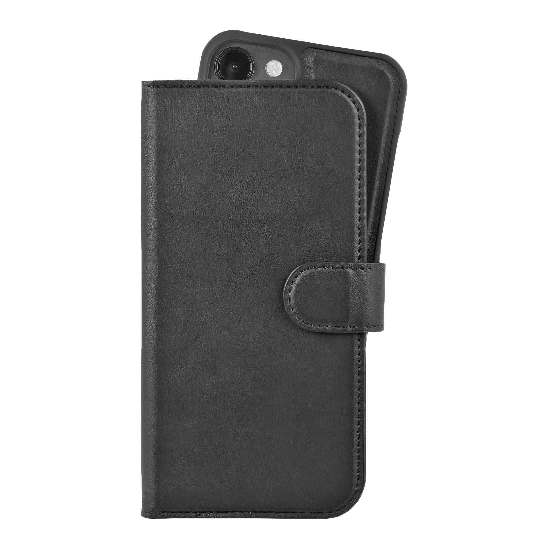 Holdit Wallet-dekselet for iPhone 13/14/SE Magnetic Plus har en slank svart skinnlignende finish og en magnetisk frontklaff, vist delvis åpen.