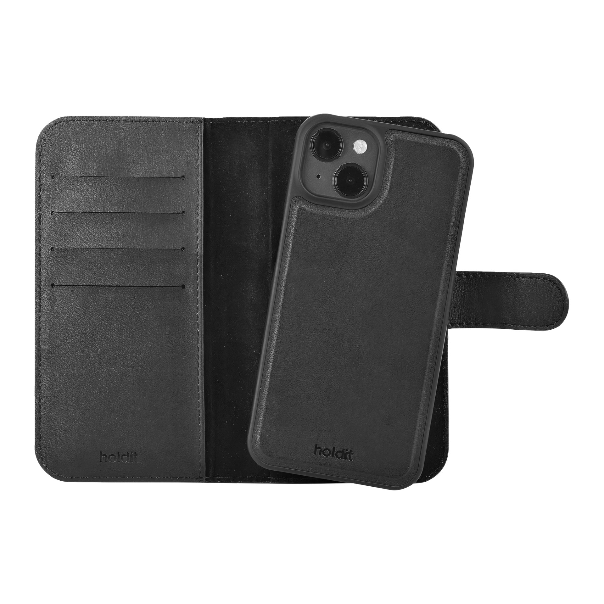 Svart Holdit Wallet-deksel i skinn for iPhone 13/14/SE har 3 kortspor, en magnetisk klaff og merkevare på både etui og deksel.