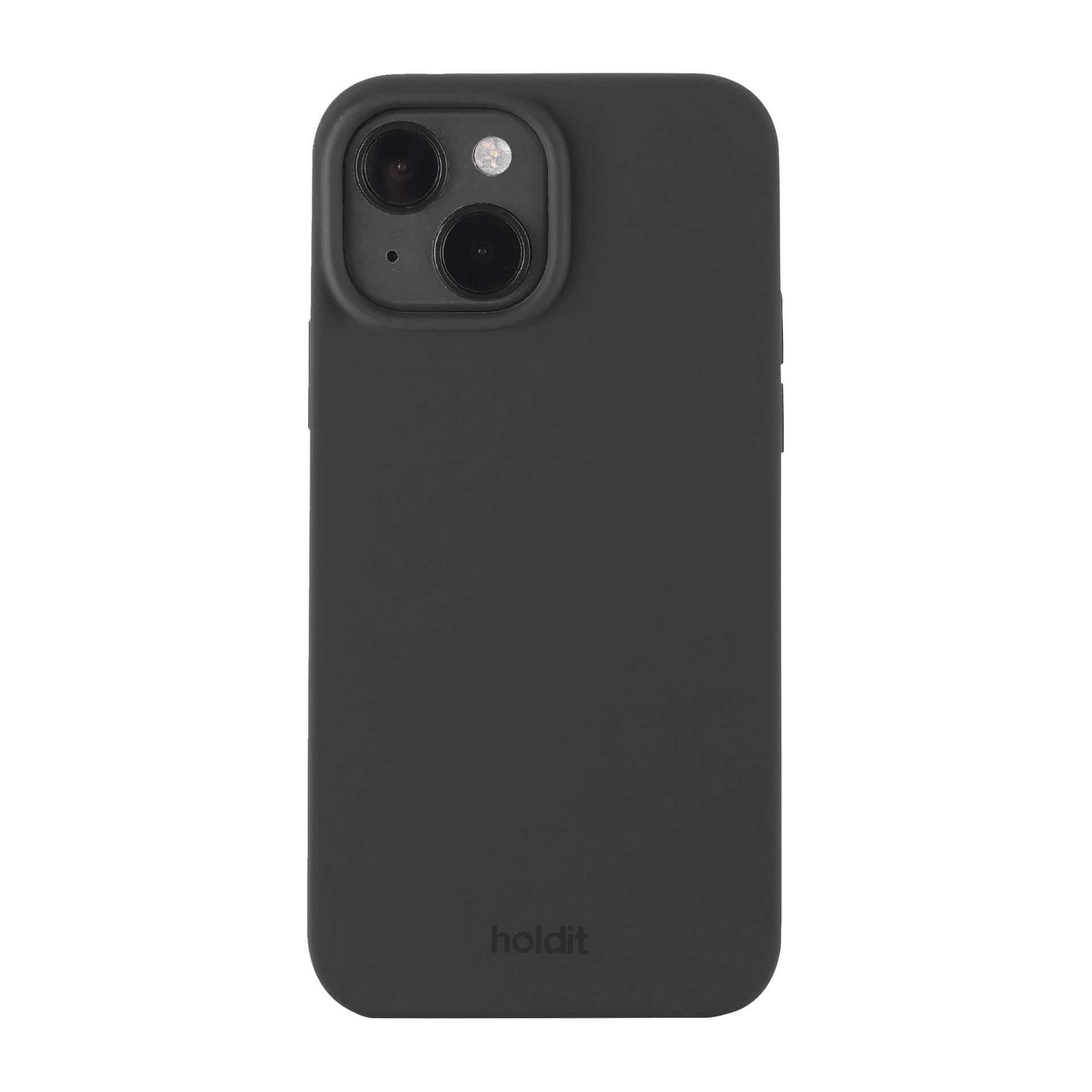 Musta mattainen Holdit-kotelo iPhone 15:ssä, jossa on kaksi kameraa, "holdit" kohokuvioituna kotelon alaosassa.