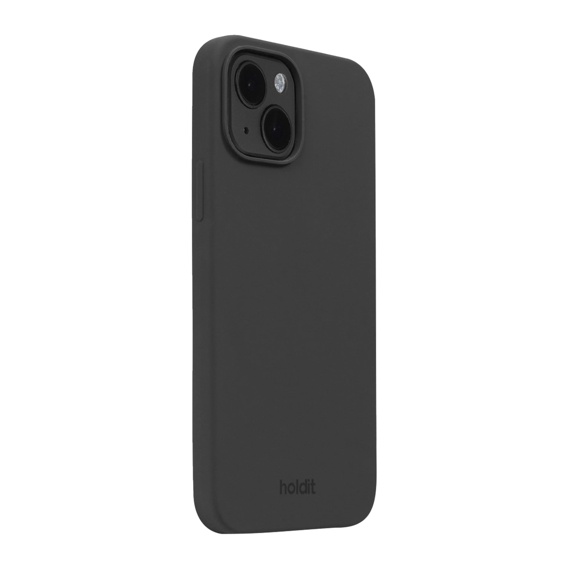 Musta Holdit Mobile -kotelo iPhone 15:lle, jossa on kaksi kameran leikkausta ja brändin nimi alareunassa, esitetty hieman kulmassa.