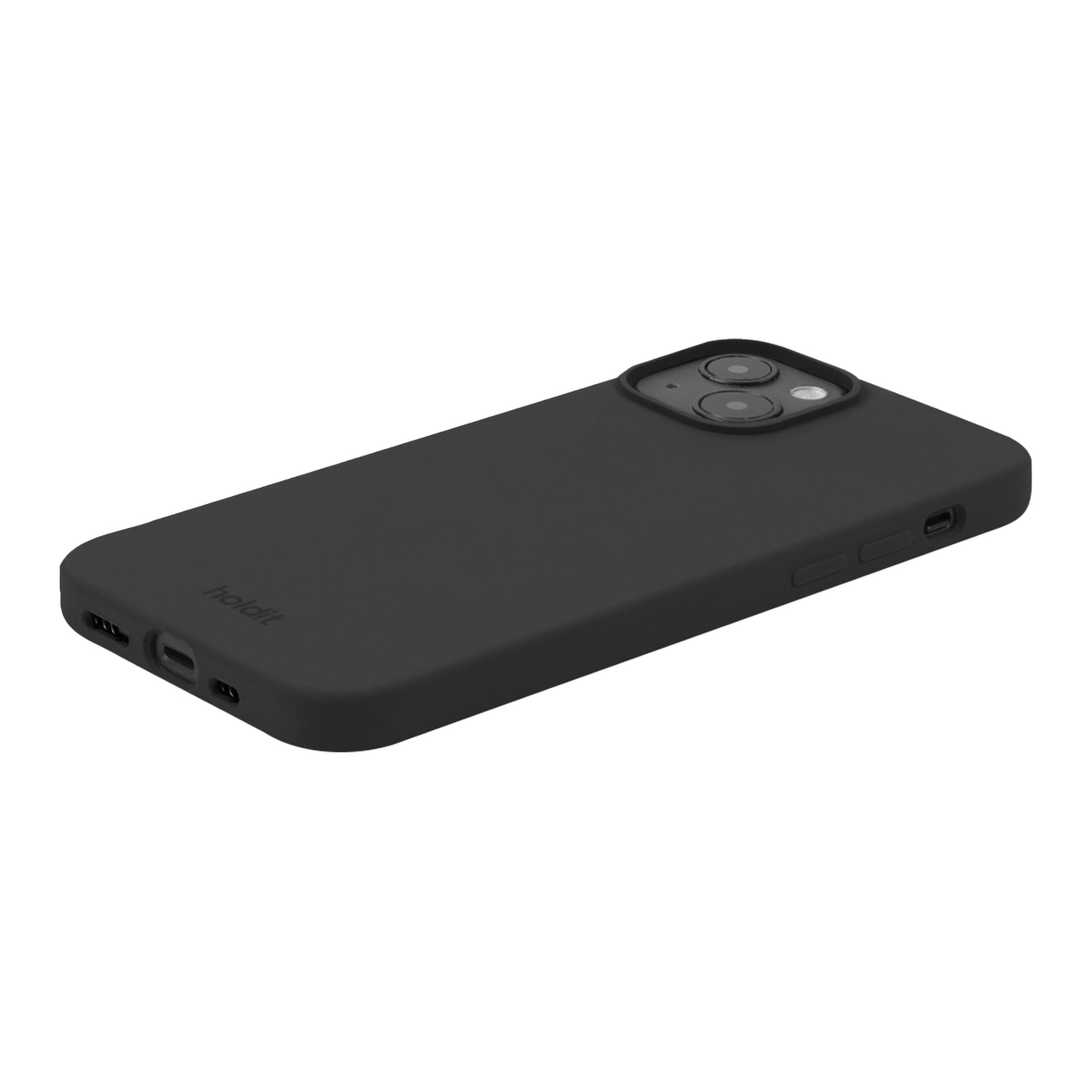 Musta Holdit Mobile -kotelo iPhone 15:lle, litteä, jossa on leikkaukset kameralle, latausportille, napeille ja "holdit"-logo alareunassa.