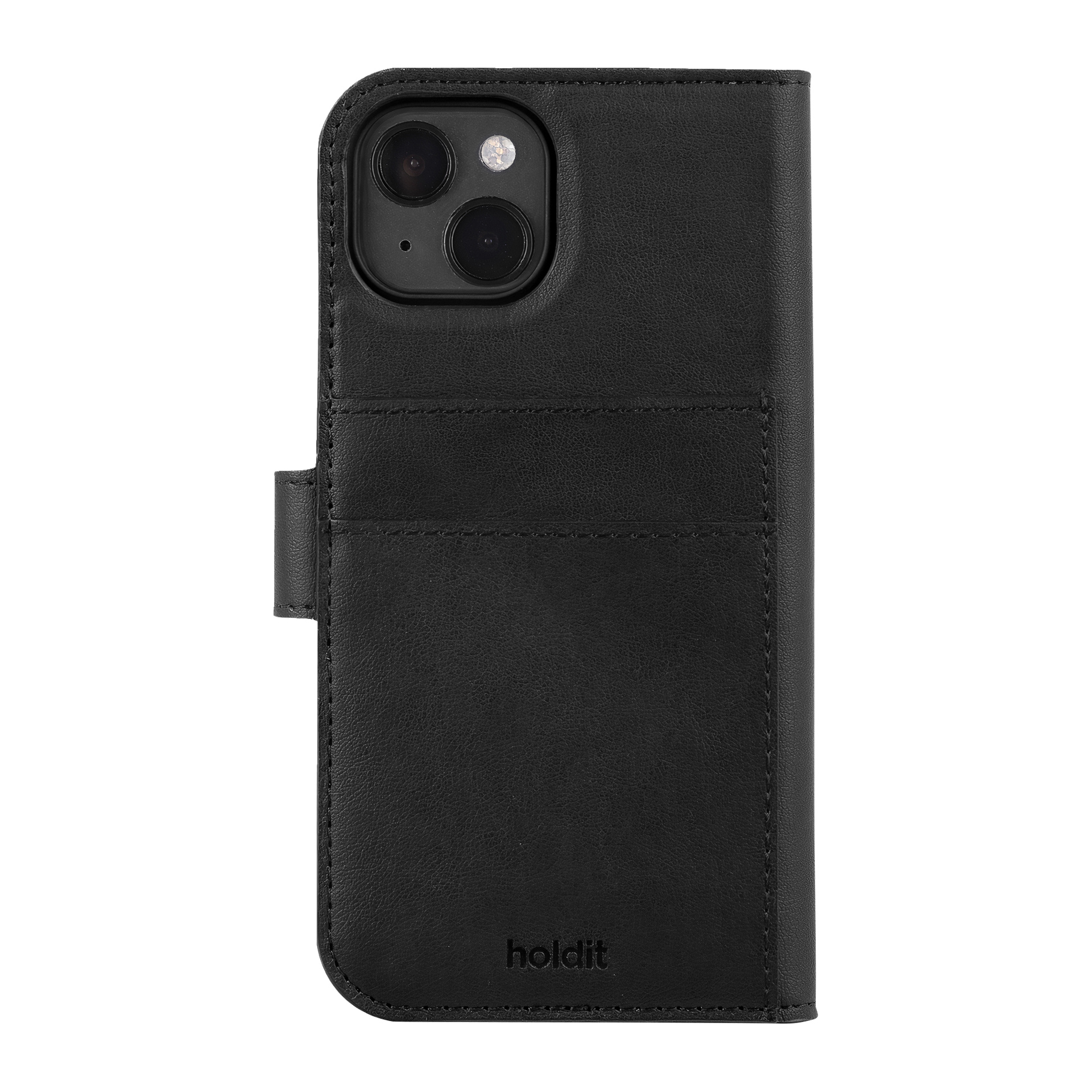 Schwarze Holdit Wallet-Hülle für das iPhone 15 Magnetic Plus mit vorderer Abdeckung, Kartenschlitzen, oberem linken Kamera-Ausschnitt und "holdit" am unteren Ende prägiert.