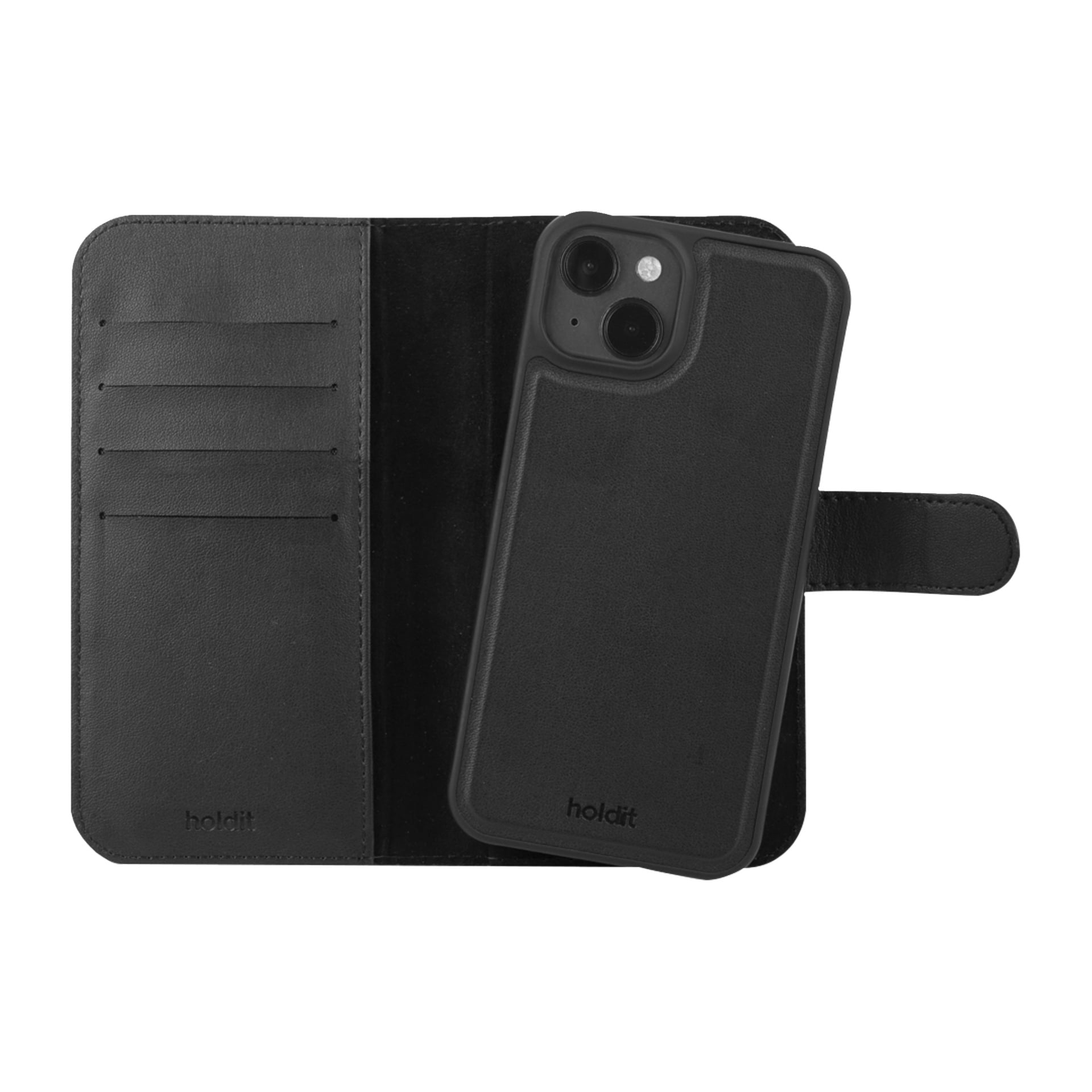 Öffne die Holdit Wallet-Hülle für das iPhone 15 Magnetic Plus zeigt drei Kartenschlitze, iPhone 15 mit zwei Kameras rechts, magnetischer Gurtverschluss.