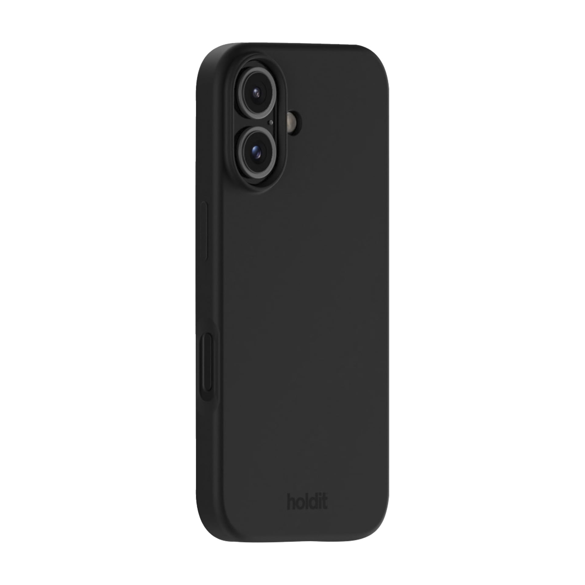 Holdit Mobil-fodralet för iPhone 16 i matt svart, med två kamerautskärningar, en sidoknapp och Holdit-märkning längst ner.