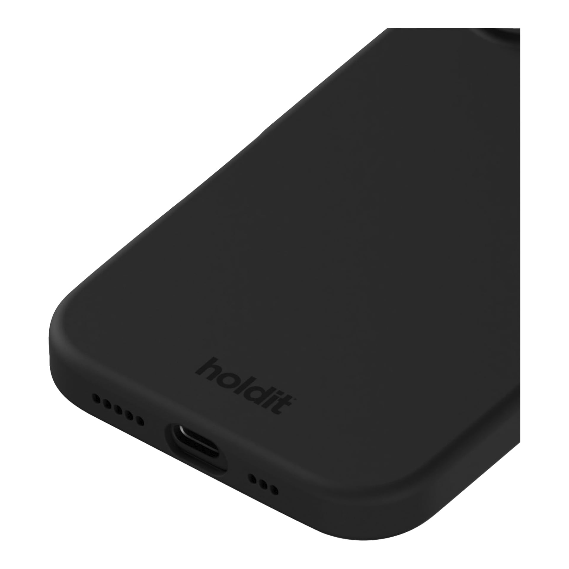 Närbild på det svarta Holdit iPhone 16-fodralet, med märkning vid laddningsporten, synliga högtalarhål och en kameraknöl.