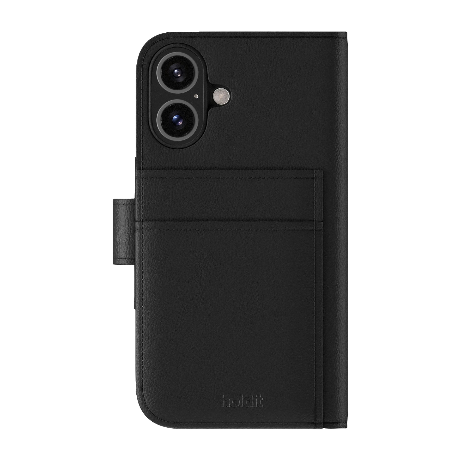 Musta Holdit Wallet -kotelo iPhone 16 Magnetic Plus -malliin, jossa on kaksi kameran leikkauskohtaa, vasen nappilukko, takakortin paikat ja kohokuvioitu logo.