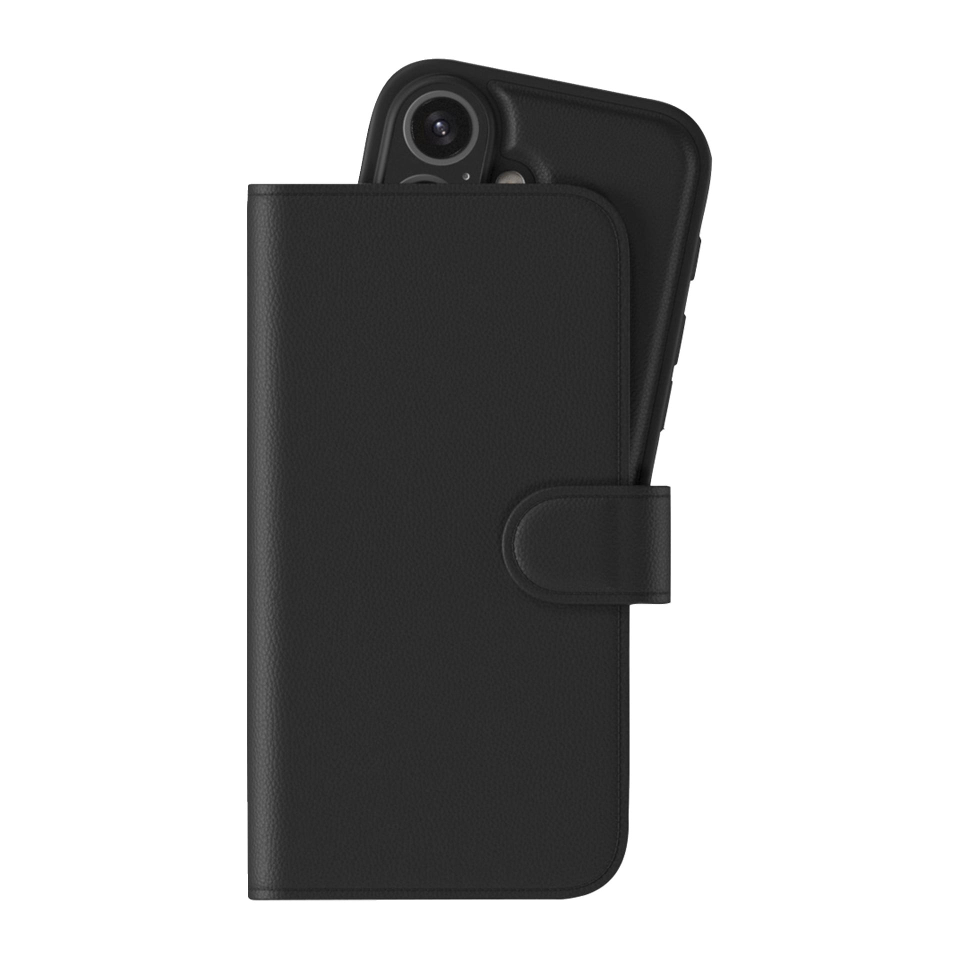 Musta Holdit Wallet -kotelo iPhone 16 Magnetic Plus -mallille, jossa oli siihen sopiva puhelin, liukui osittain sisään.