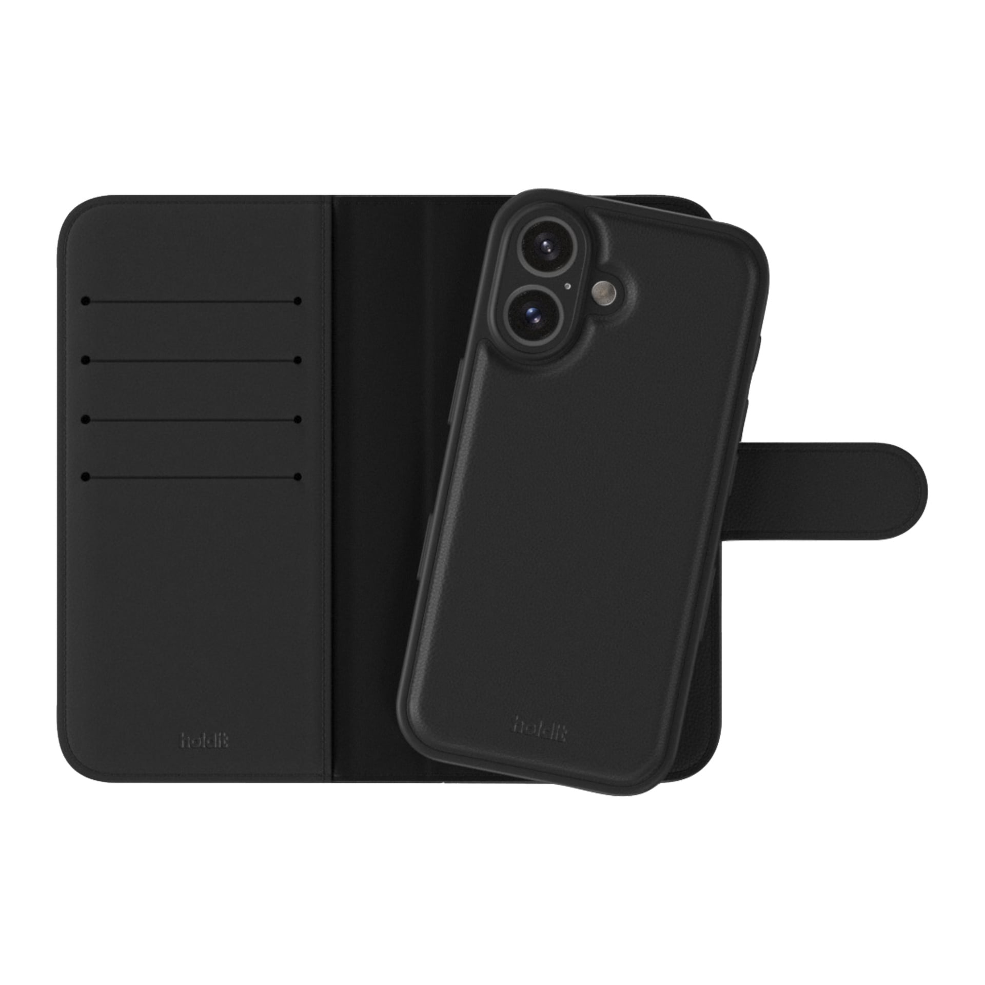 Musta folio-tyylinen Holdit-lompakkokotelo iPhone 16 Magnetic Plus -mallille, jossa on neljä vasenta korttipaikkaa, oikea puhelinpidike ja magneettinen läppä.