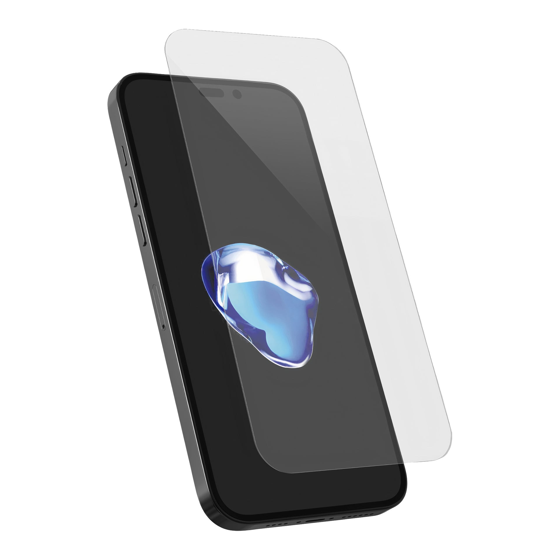 Ett Holdit-skärmskydd för iPhone 16 Pro sitter ovanför en telefon och visar en blå abstrakt form på en mörk skärm.