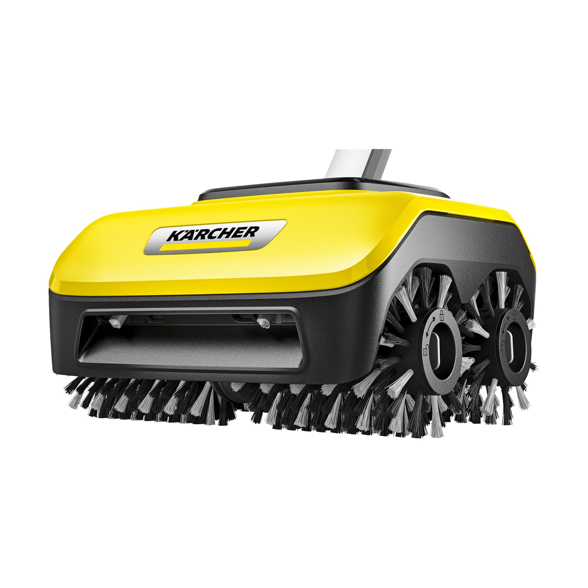 Kärcher Patio Cleaner PCL6 keltaisena ja mustana, läheltä kuvattuna kahdella pyörivällä harjanpäällä ja kahvalla lattian pesua varten.