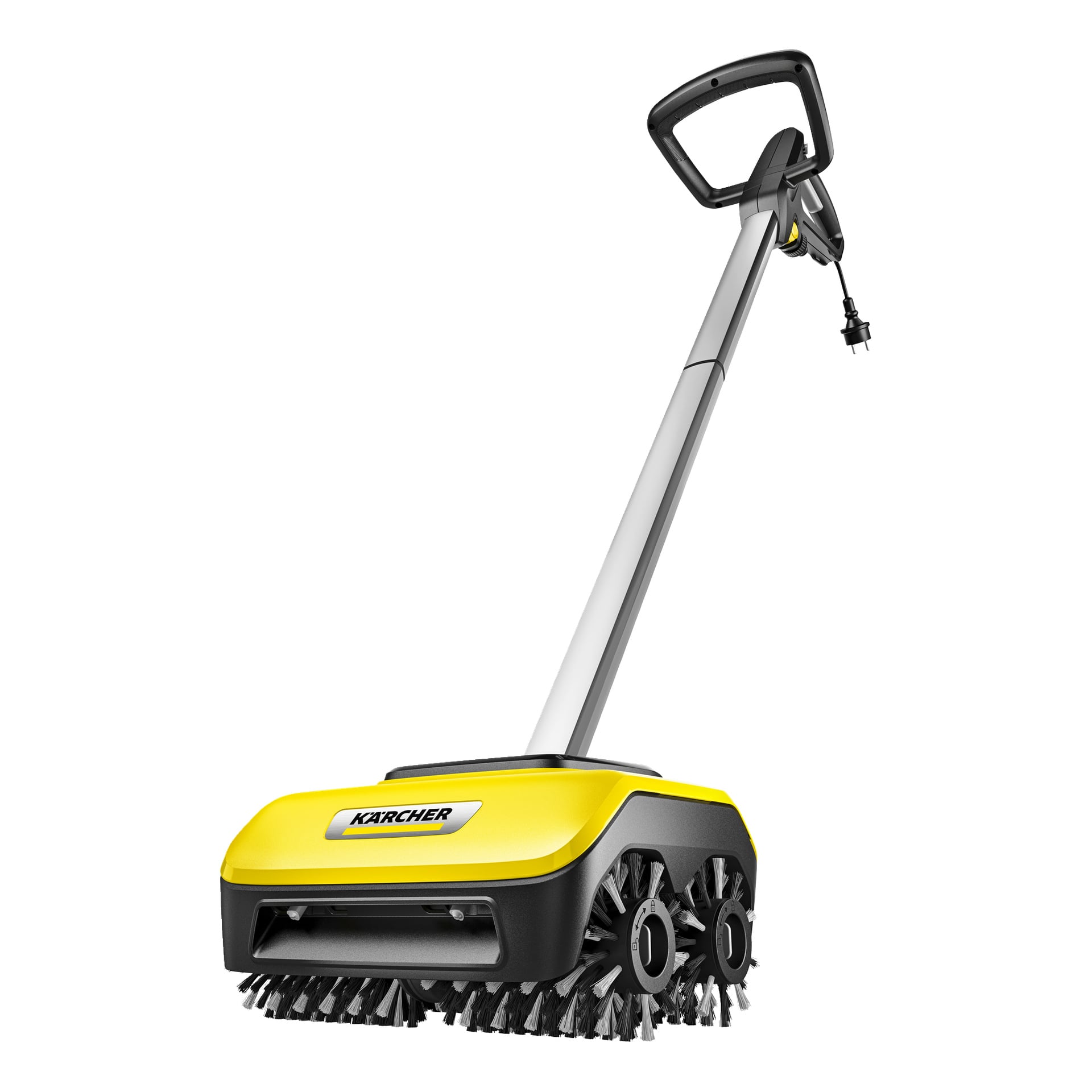 Kärcher Patio Cleaner PCL6:ssa on keltainen ja musta muotoilu, pyörivät harjat, pitkä kahva ja köysi terassien ja kovien pintojen puhdistamiseen.