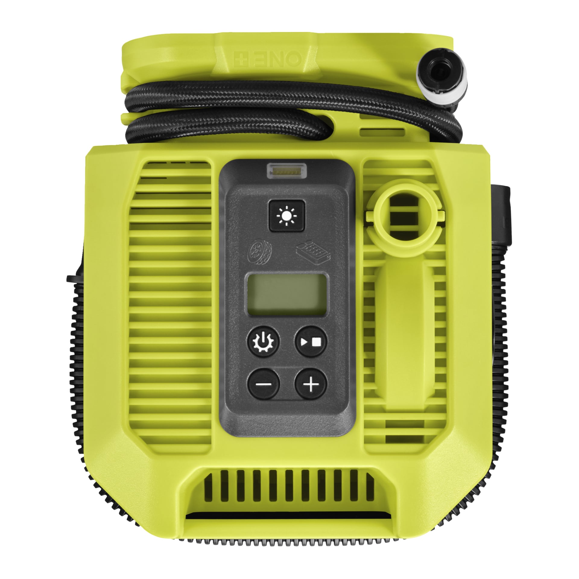 En gul och svart Ryobi One+ RMI18-0 luftkompressor med digital display, kontrollknappar, ventiler och en spiralad toppslang.