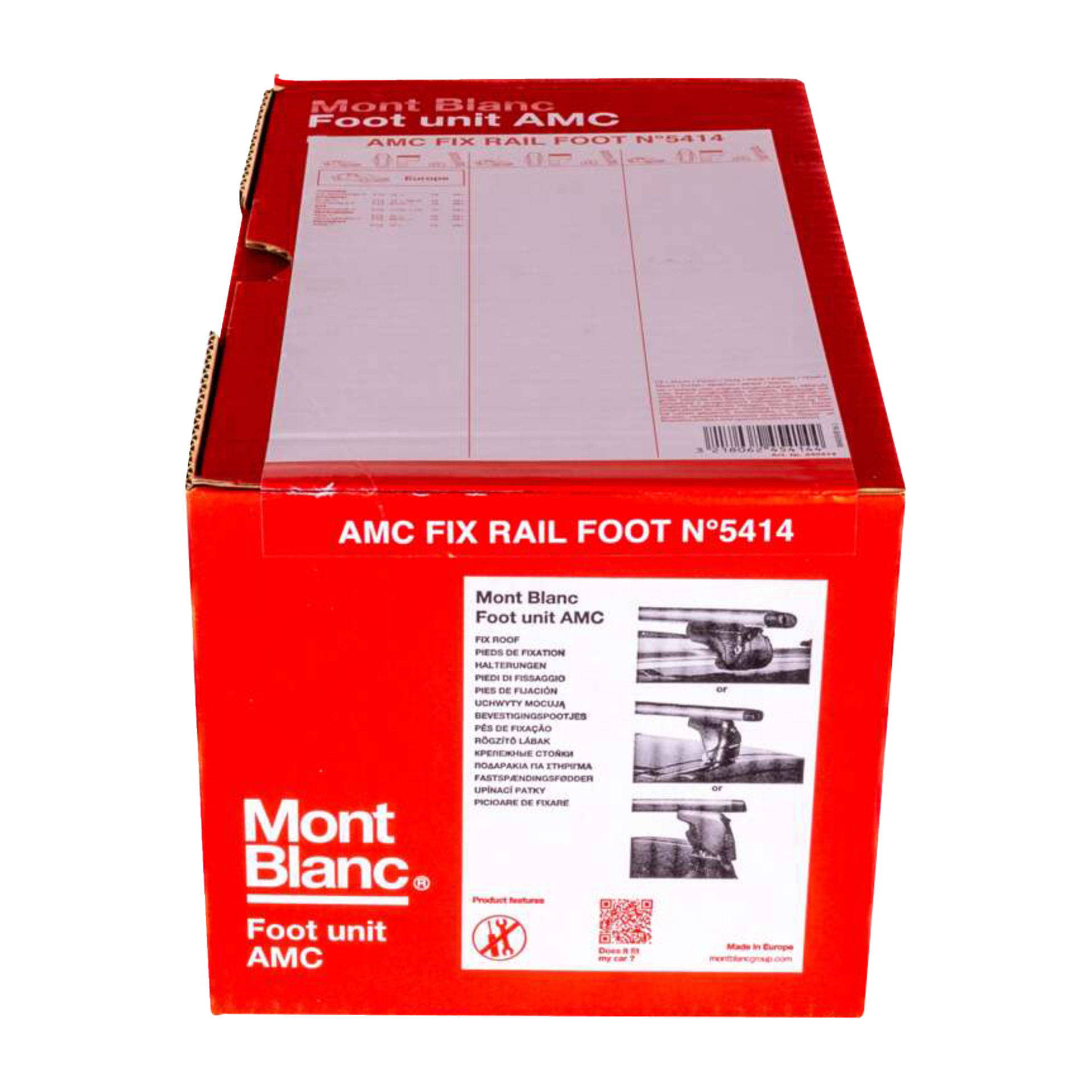 Röd och vit Mont Blanc Foot Unit Set-låda för AMC 5414 (4-pack), med diagram, produktinformation och logotyp nere till vänster.