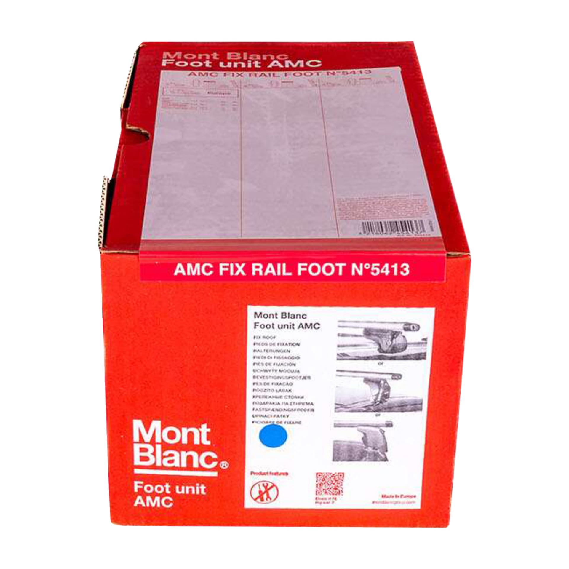 En Mont Blanc Foot-enhetspakke AMC 5413 4-pakning har produktinformasjon, diagrammer og merkevarer i rødt og hvitt på toppen og forsiden.