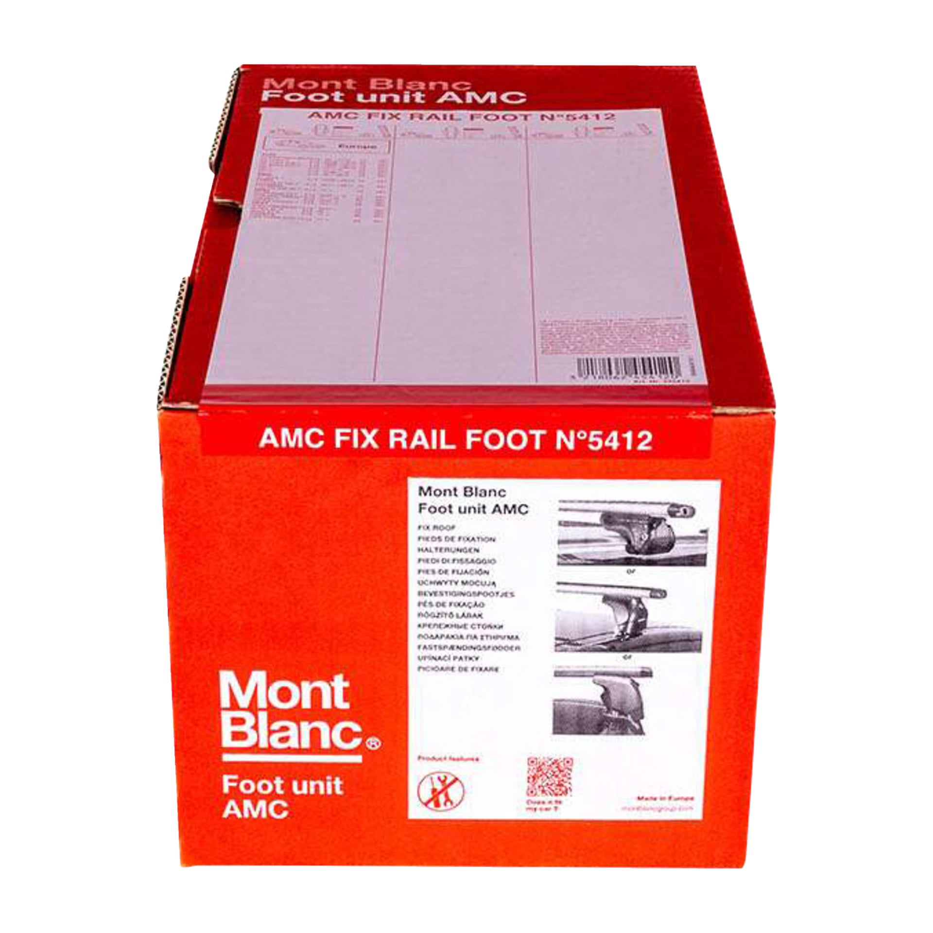 En rød Mont Blanc-boks merket «Foot unit set for integrated rails AMC 5412 4 pack», med produktdetaljer, bilder og instruksjoner på sidene og toppen.