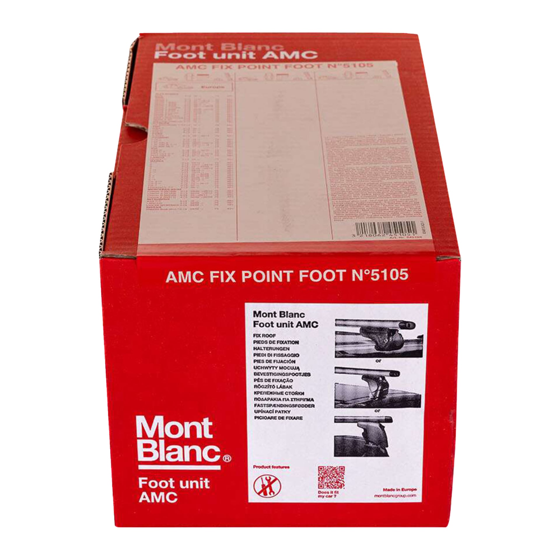 Rød og hvit Mont Blanc-eske merket "Fotenhet for faste festepunkter AMC 5105, 4-pack," med produktinfo og bilder av fotenheten.