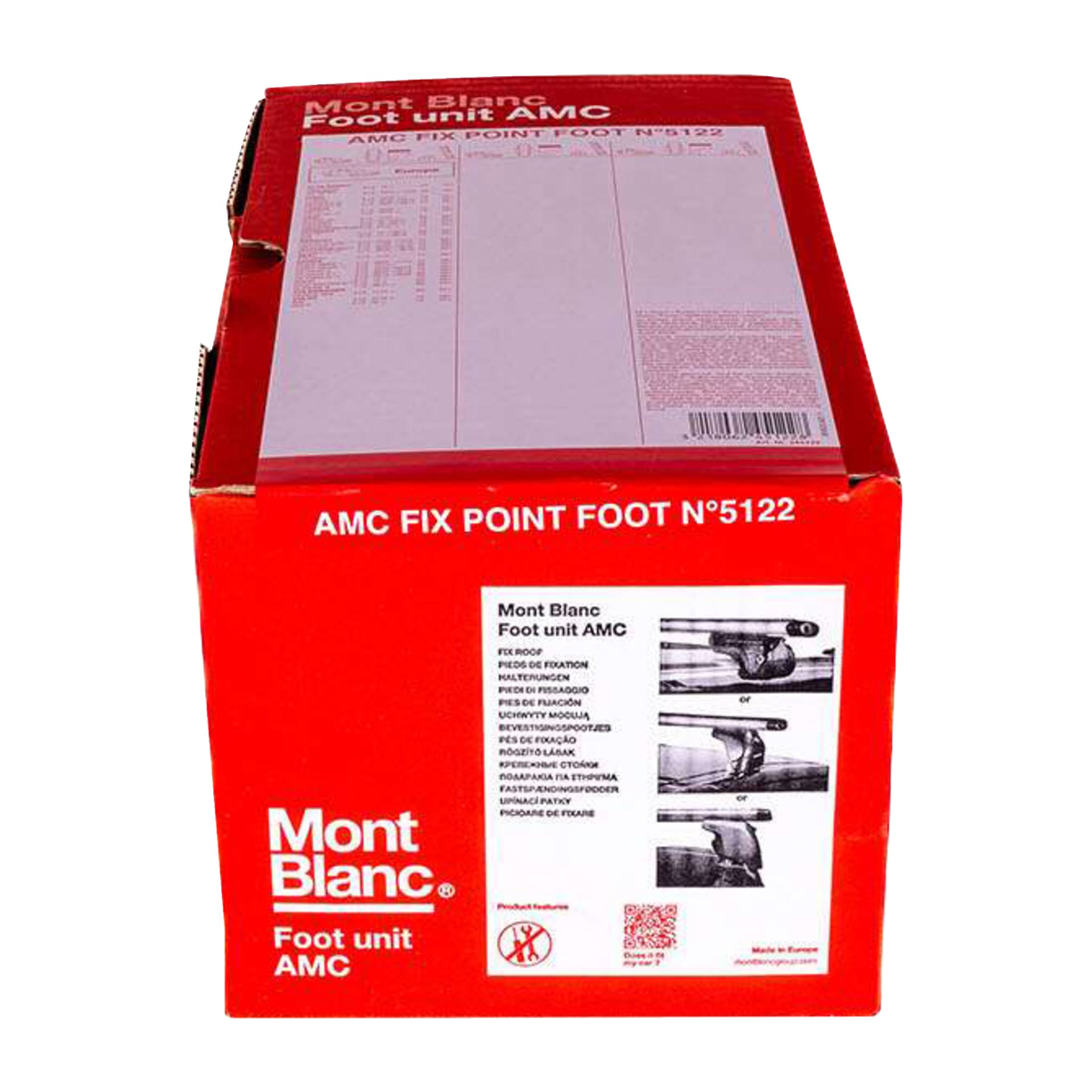 Mont Blanc AMC 5122 Foot Unit (4-pakning) eske med bilder, spesifikasjoner, produktdetaljer og rød-hvitt merkelogo.