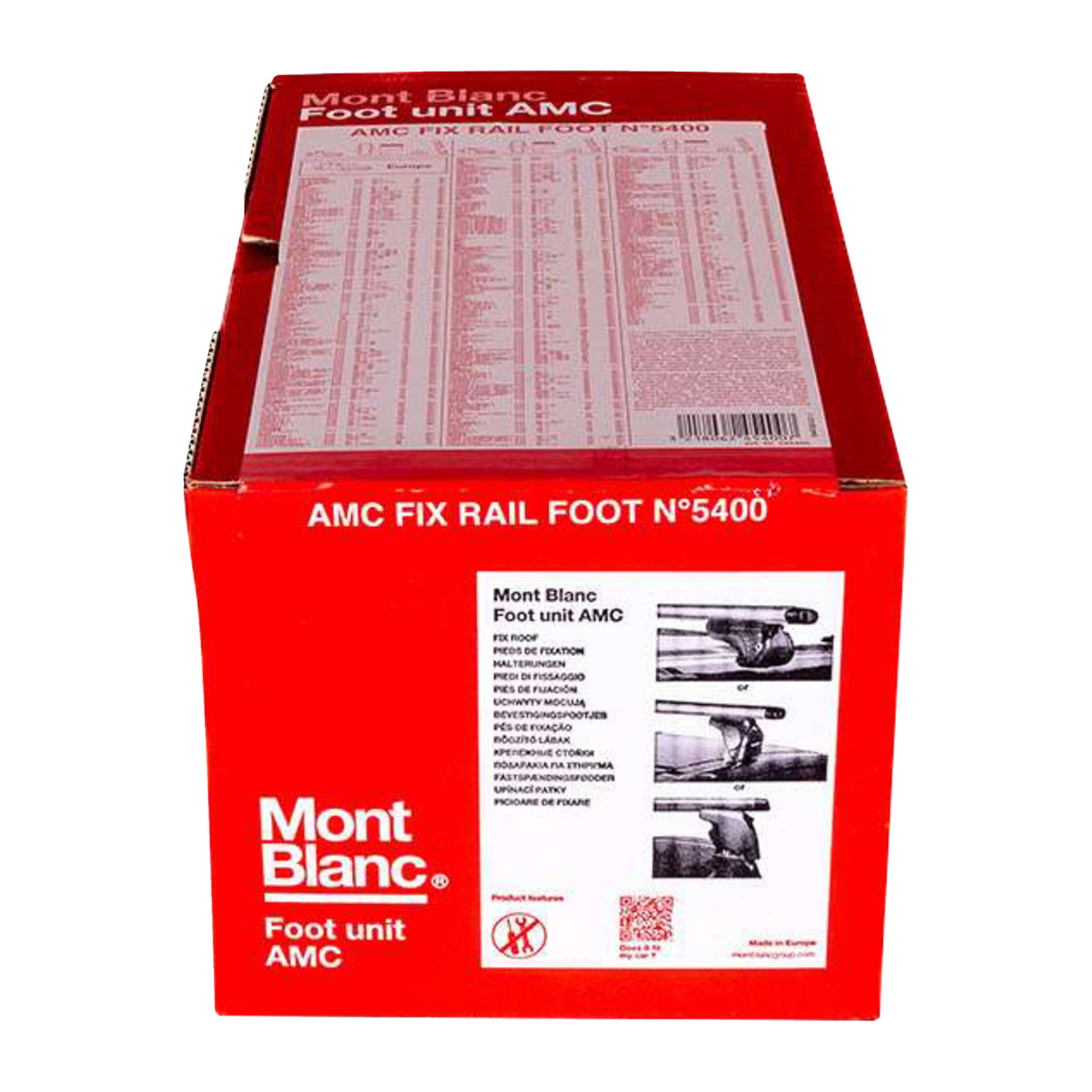 Röd och vit Mont Blanc-låda märkt "Foot unit set for open rails AMC 5400 4-pack" med produktinformation, reservdelslista, diagram, streckkod.