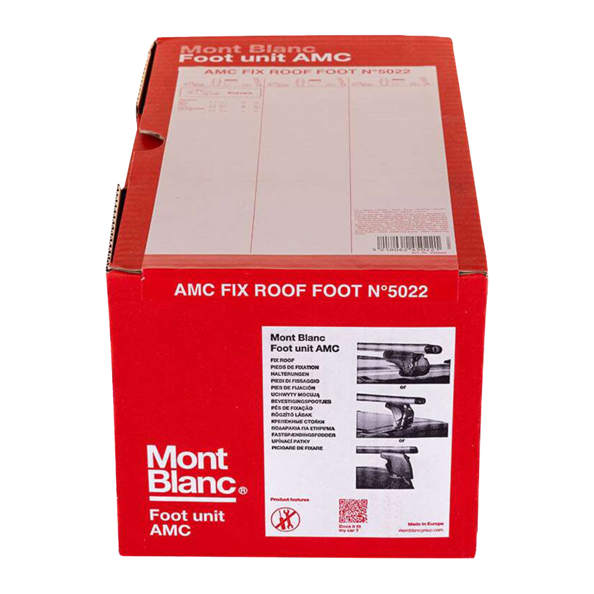 En stängd Mont Blanc-låda i rött och vitt visar "Fotenhet inställd för platt tak AMC 5022 4-pack" med bilder och funktioner framtill.