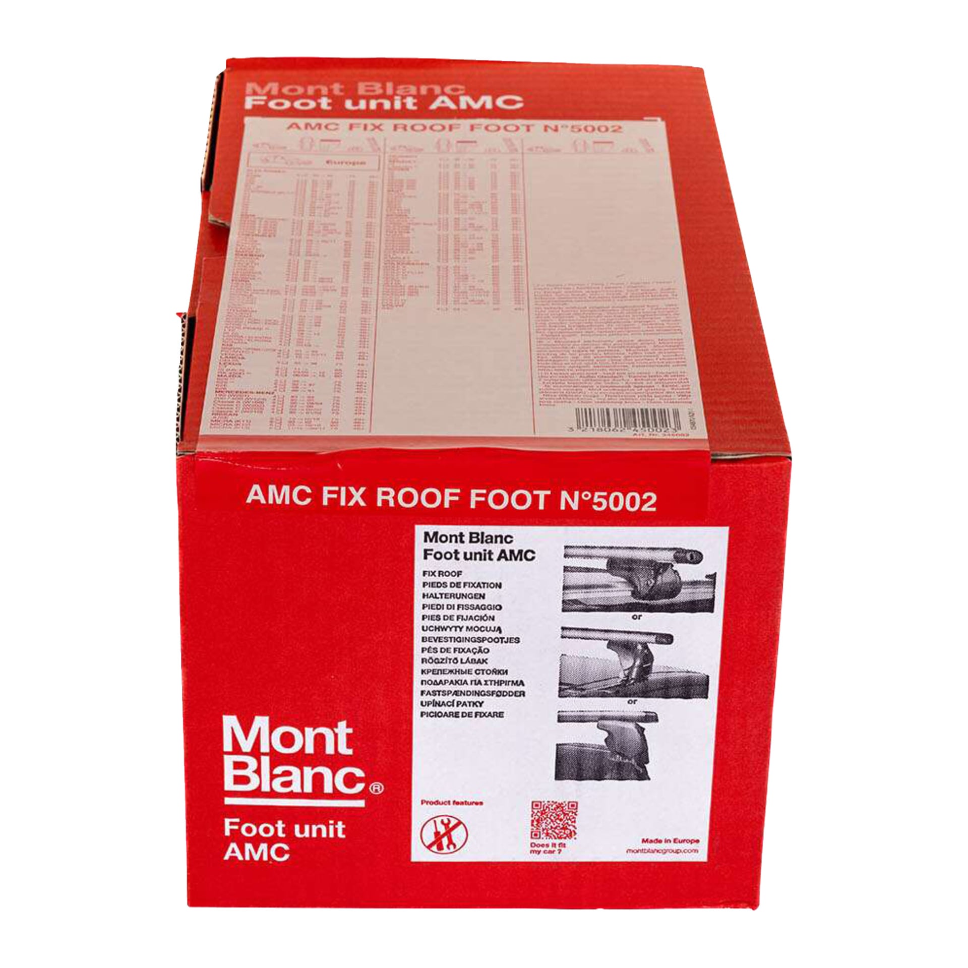 En rød og hvit Mont Blanc-boks for "Fotenhet sett for flatt tak AMC 5002 4-pack" viser spesifikasjoner og bilder av tannstangfoten.
