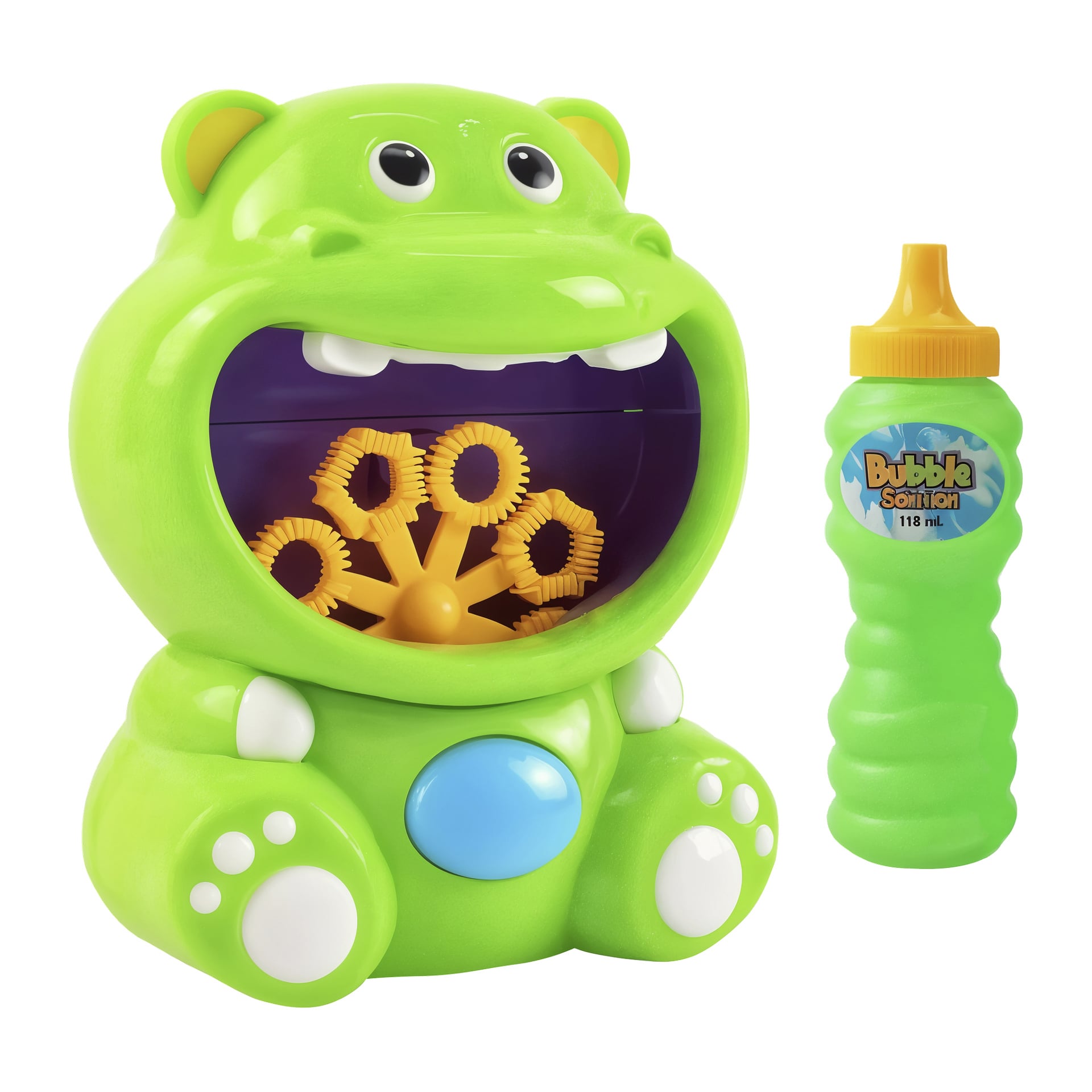 Robetoy Hippo bubbelmaskin, formad som en grön flodhäst med gula stavar, är placerad bredvid en vågig grön 118 ml "Bubble Solution"-flaska.