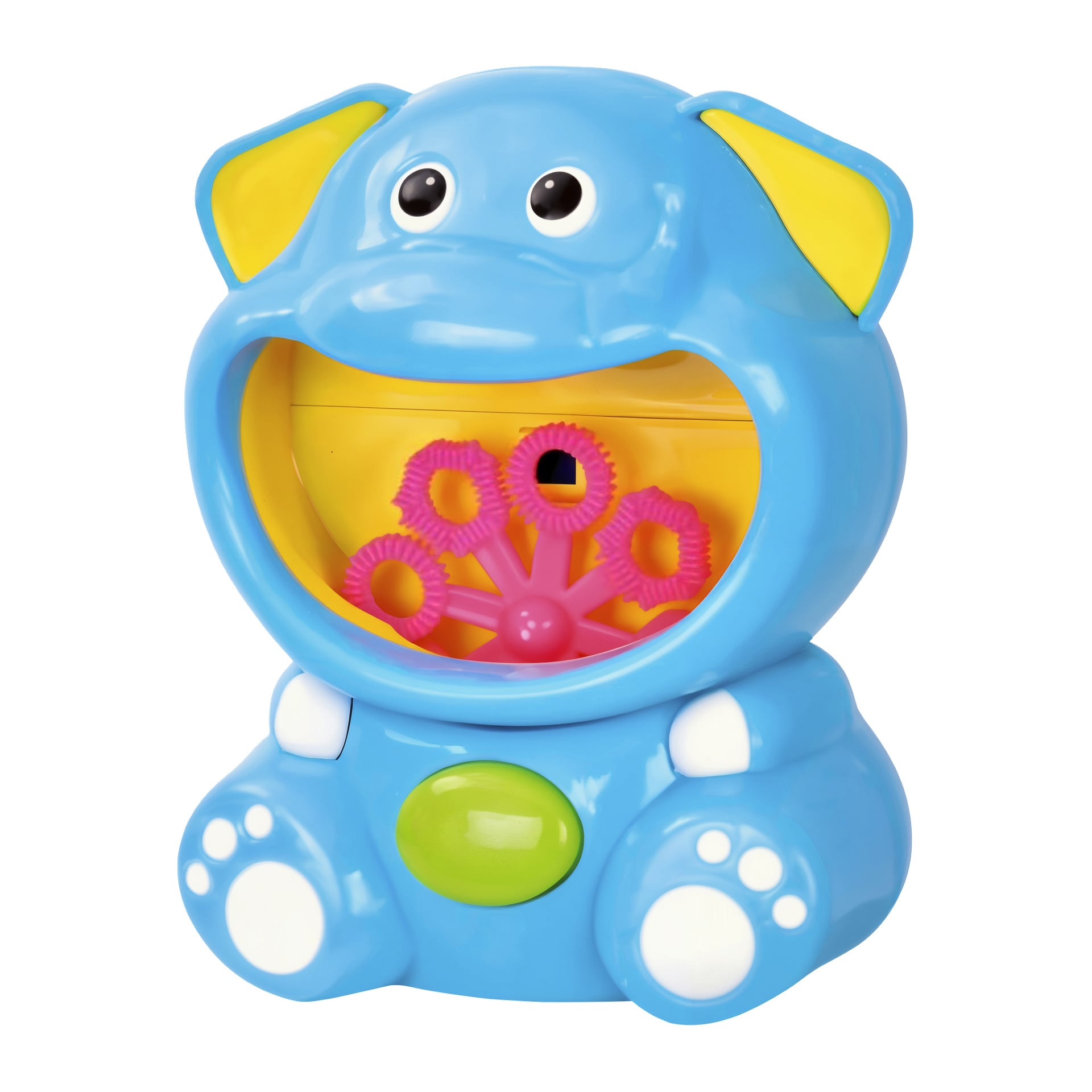 Robetoy Elephant bubbelmaskin har en blå plastelefant med gul insida, rosa bubbelstavar i munnen, vita fötter med tassavtryck, runda ögon och gult på inneröronen.