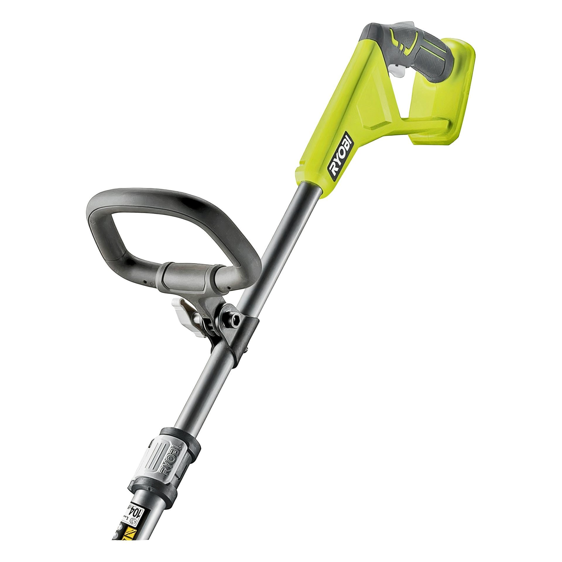 Närbild av Ryobi One+ Patio cleaner RY18PCB-140W framhäver dess gula och grå handtag, Ryobi-logotyp, avtryckare och skaft.