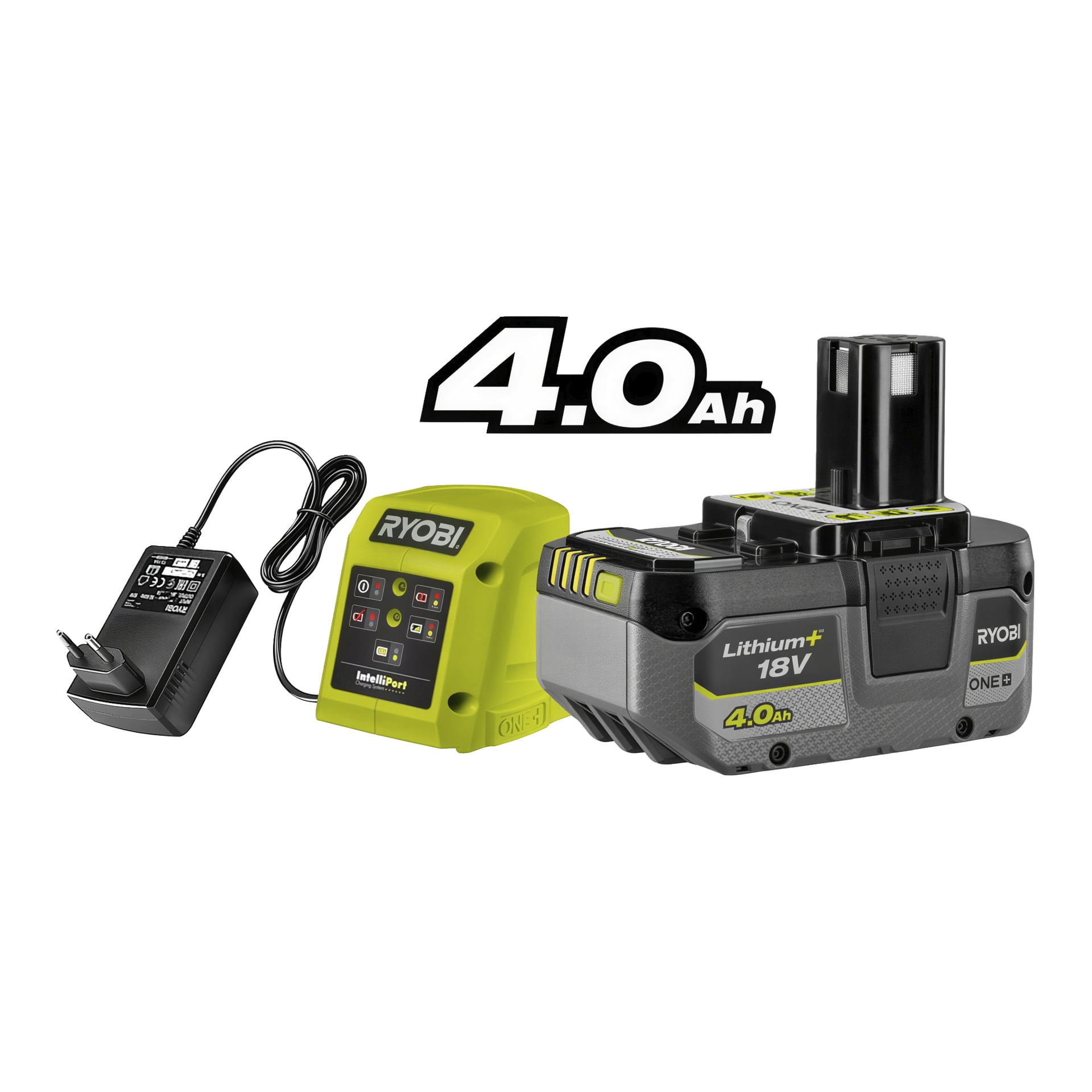 Ryobi 18V 4,0Ah litiumbatteri med en gul IntelliPort-laddare och en svart strömadapter inkopplad i ett vägguttag.