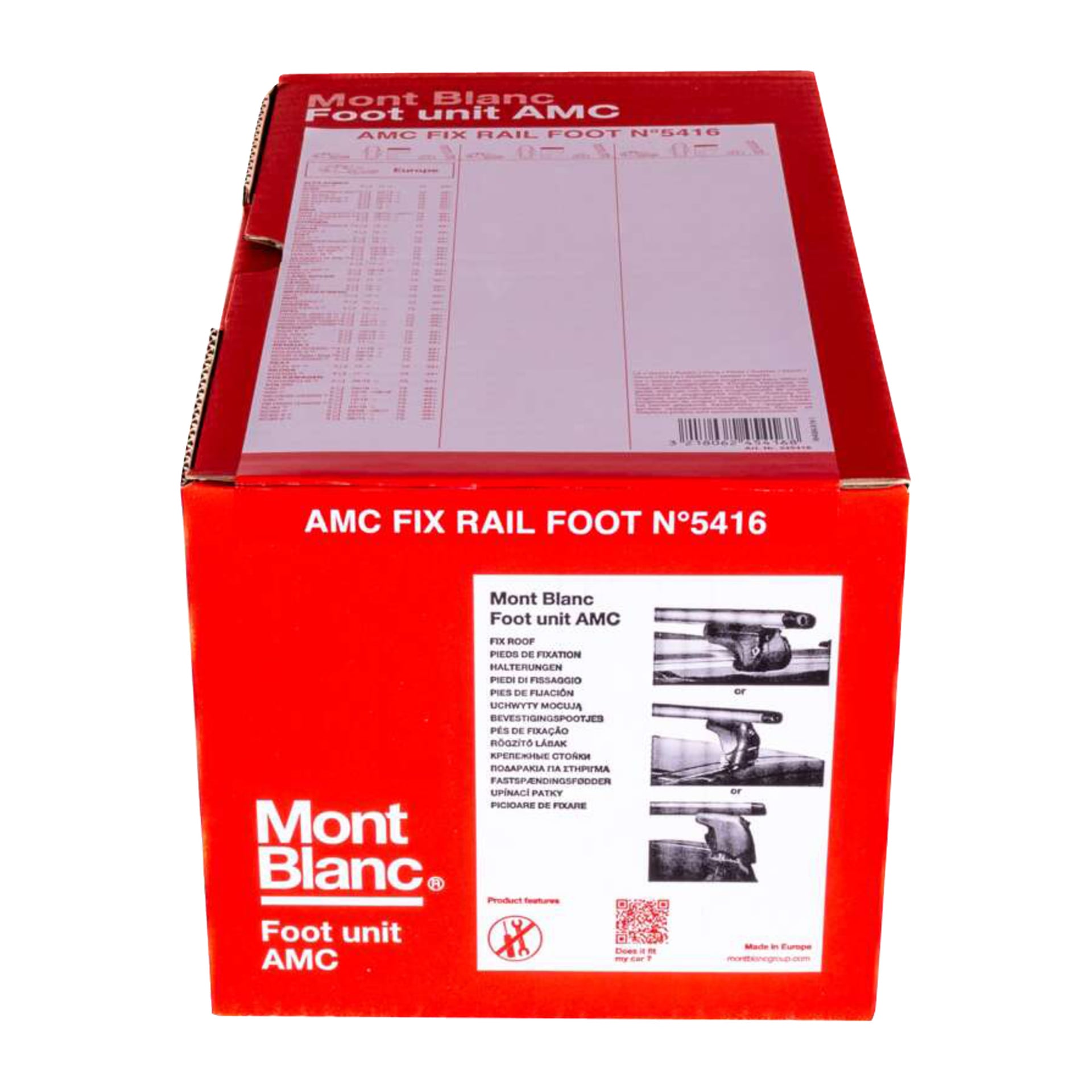 En röd och vit Mont Blanc-låda för "Foot unit set for open/integrated rails AMC 5416 4 pack" visar instruktioner och säkerhetsikoner.