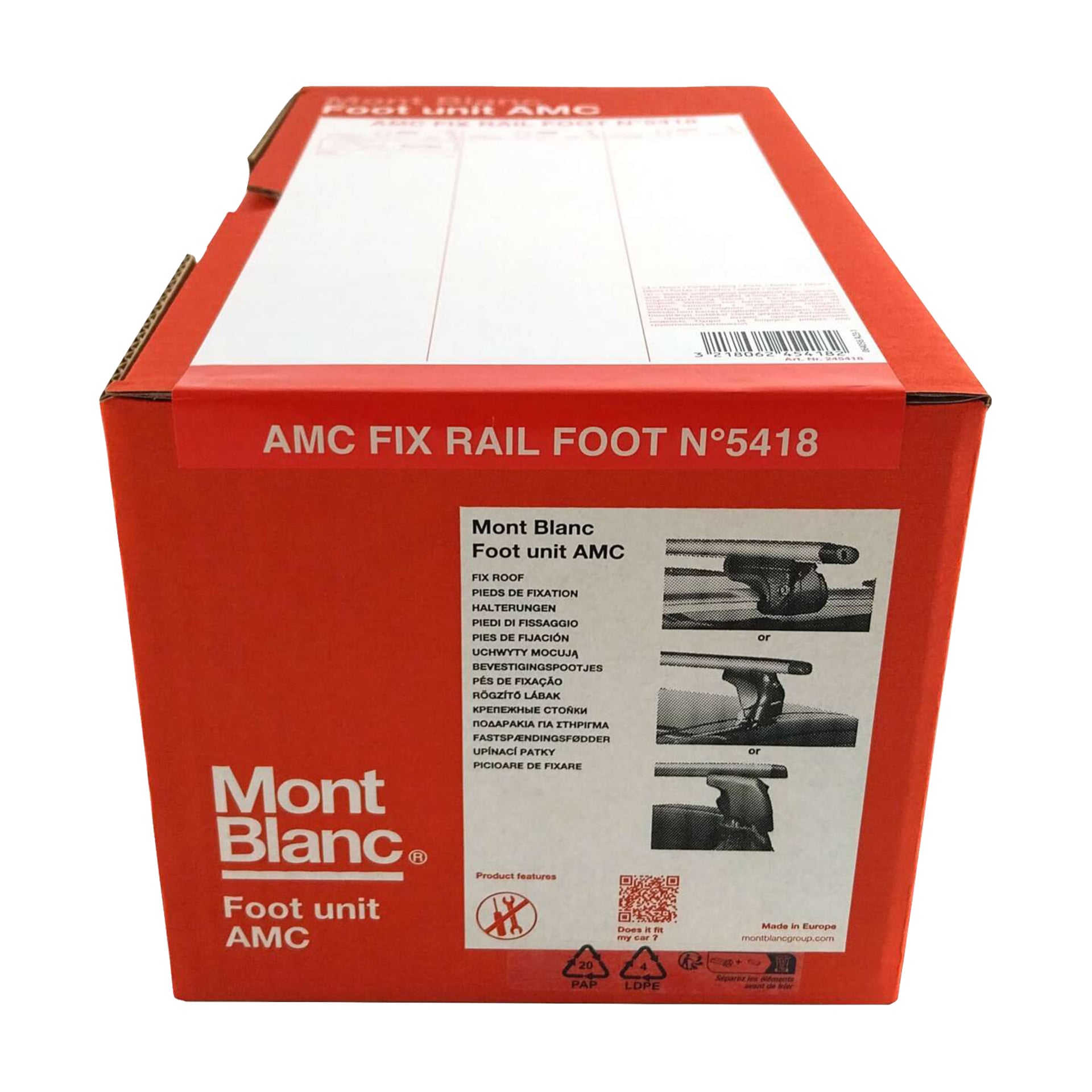 En röd och vit Mont Blanc-låda märkt "Foot unit set for open rails AMC 5418" visar produktbilder, ikoner och instruktioner.