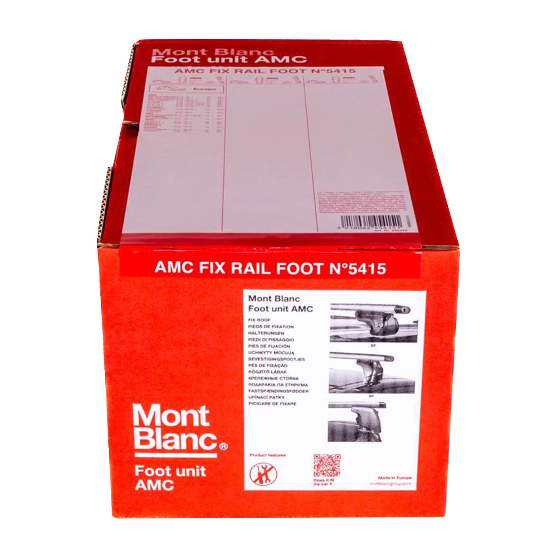 En röd och vit Mont Blanc-låda märkt "Foot unit set for integrated rails AMC 5415 4pack," med produktbilder och instruktioner.