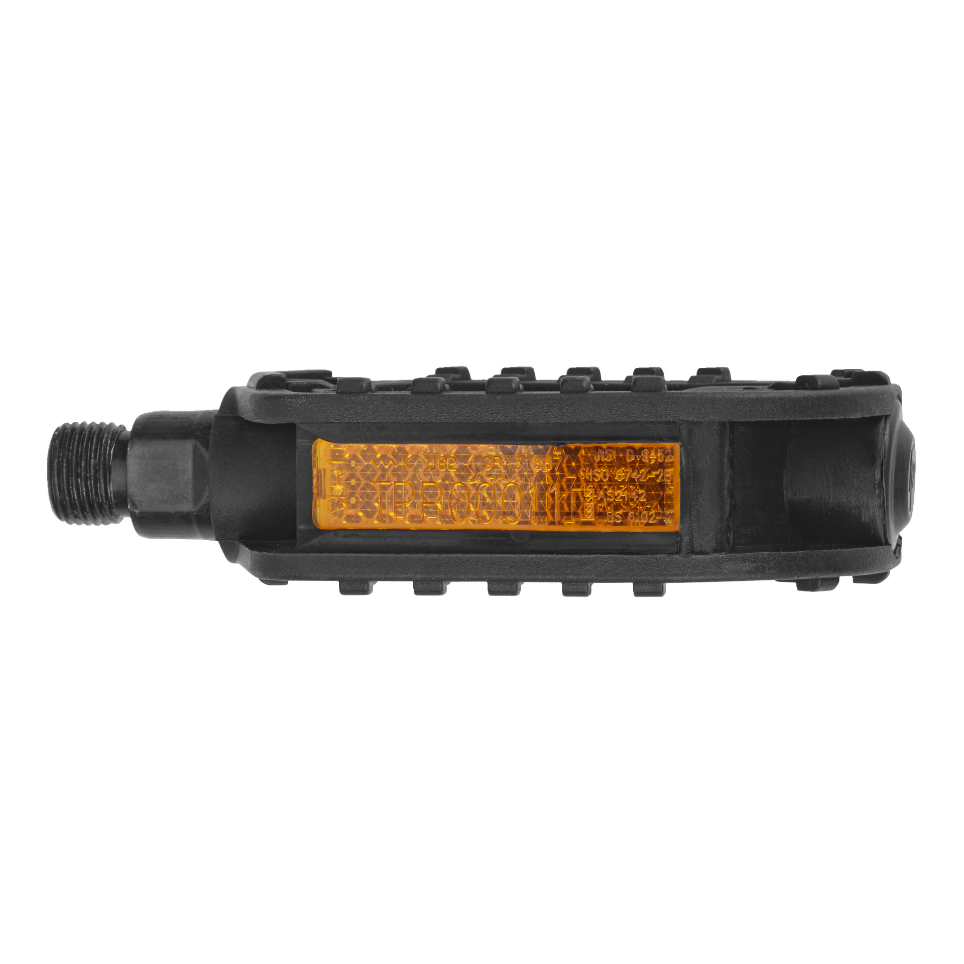 Kayoba Bicycle Pedals 2 Pack zawiera czarne pedały z teksturowaną powierzchnią i pomarańczowymi reflektorami pośrodku, widziane z boku.