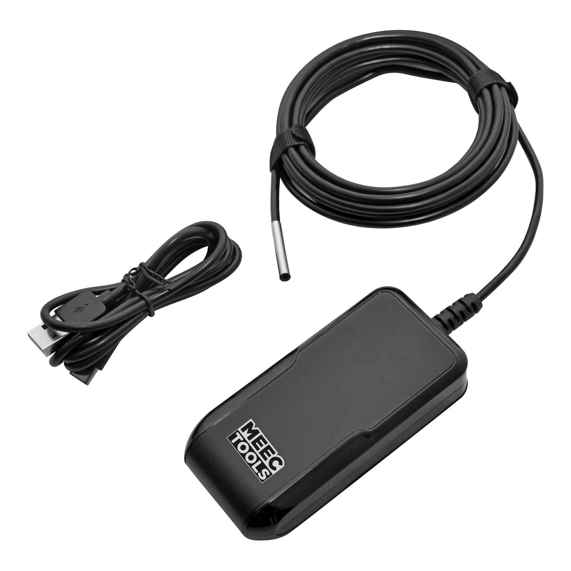 En Meec Tools Inspection-kamera för mobila enheter med en lång svart flexibel prob, kontrollenhet och separat USB-kabel.