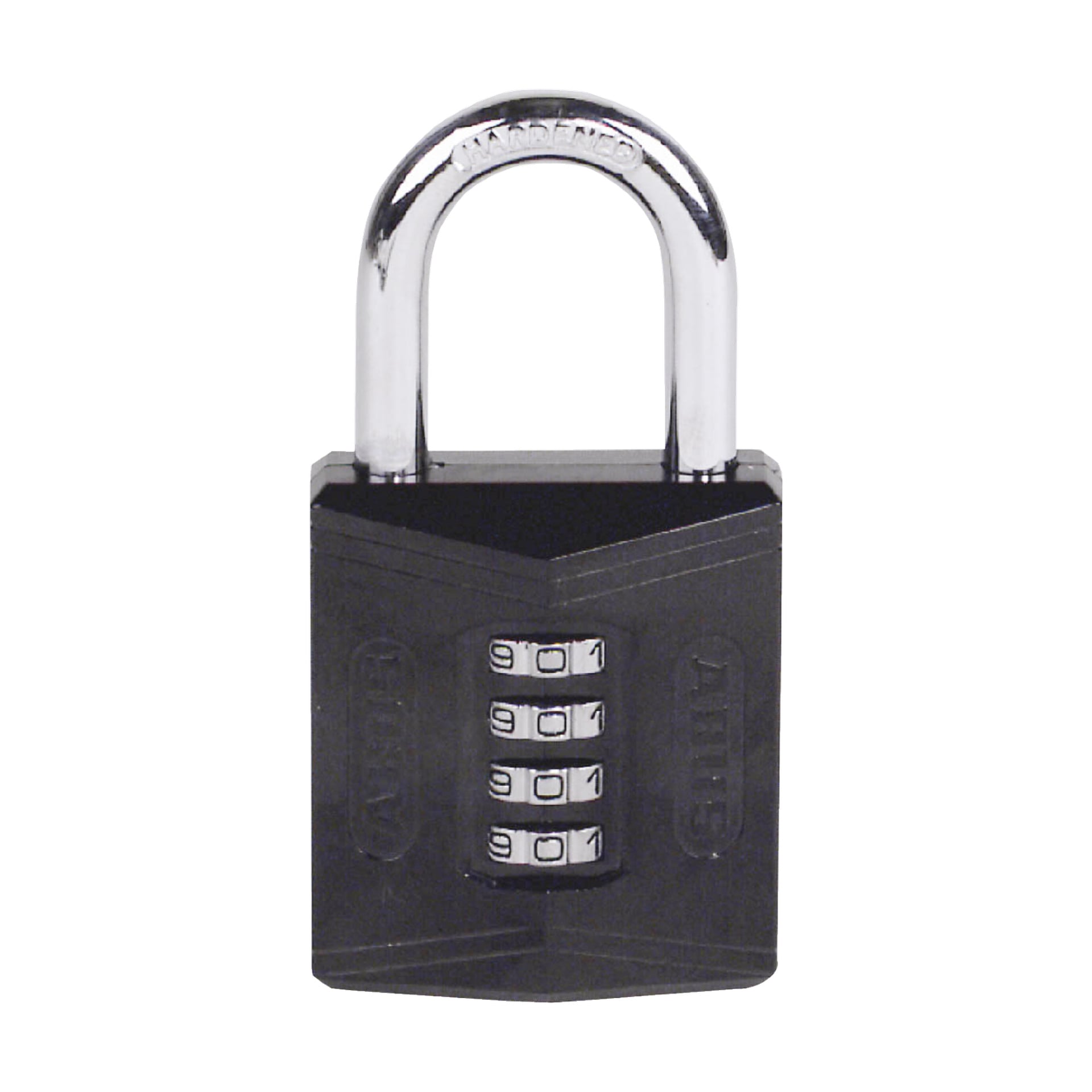 Ett ABUS 158/50 kombinationslås med svart kropp och silverfärgad bojle står upprätt och visar fyra numrerade rattar inställda på 9-0-1-9.