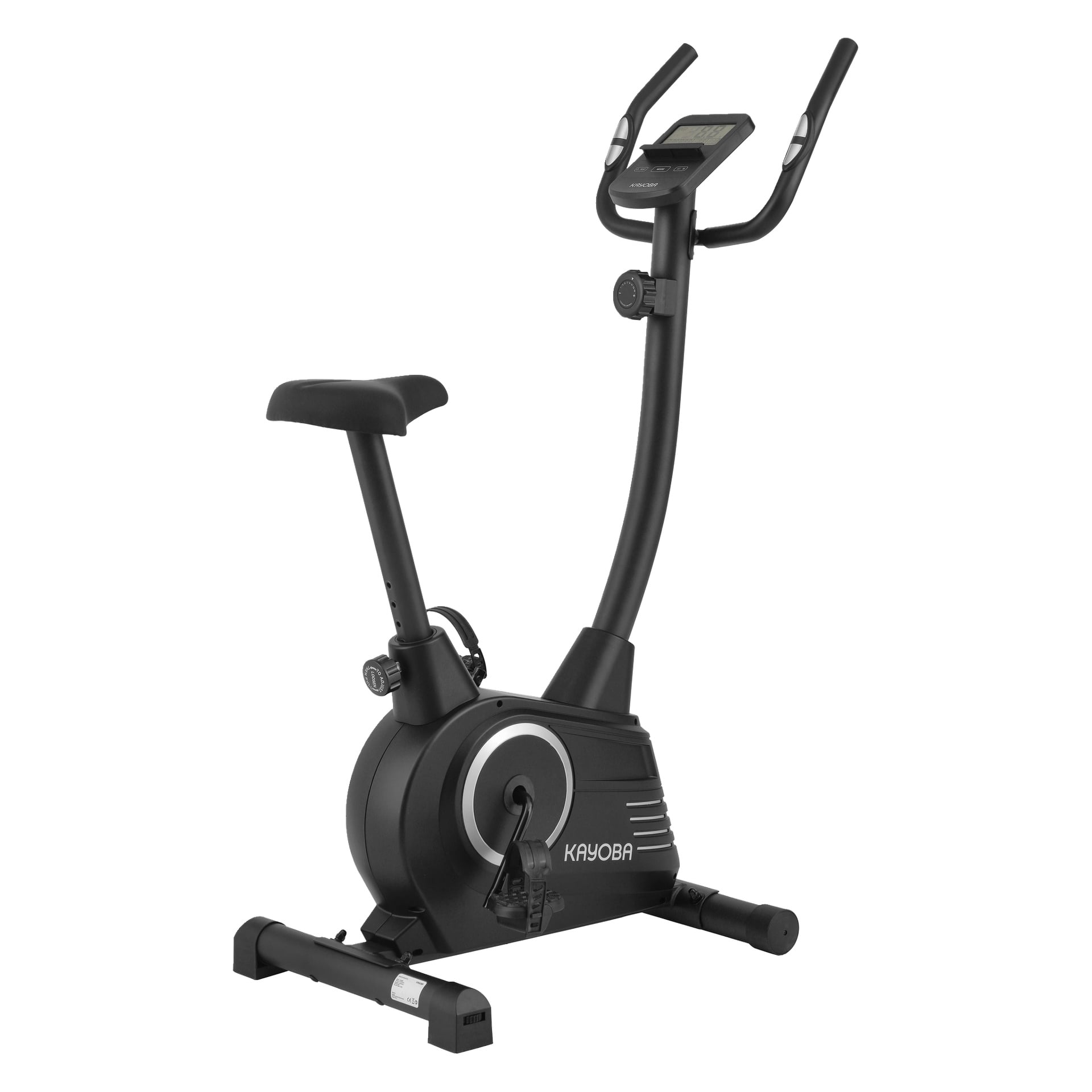 Svart Kayoba träningscykel med digital display, justerbar sadel och pedaler, stadig bas, upprättstående styr och logotyp på ramen.