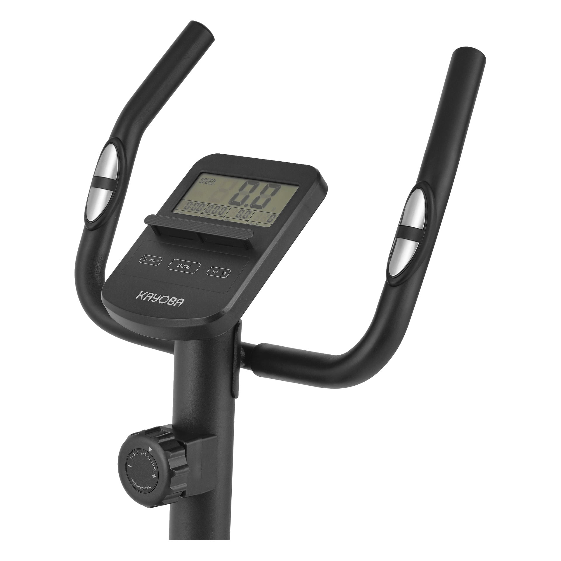 Närbild på Kayoba motionscykelns styren och digital display med enkla reglage och motståndsratt. Skärmen är avstängd eller visar noll.