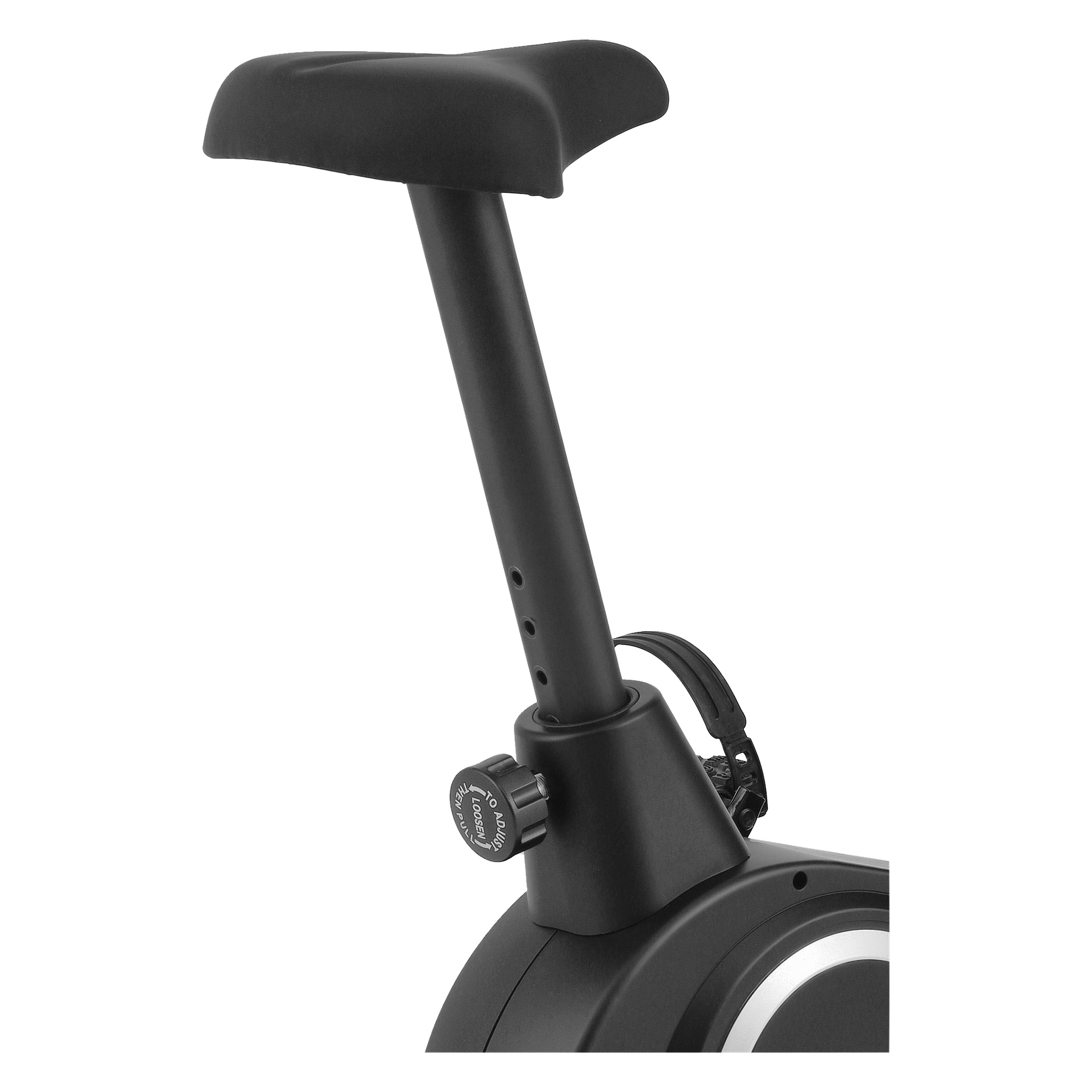 Närbild på den justerbara svarta sadeln, höjdjusteringsratten och sadelstolpen på Kayoba Exercise Bike.