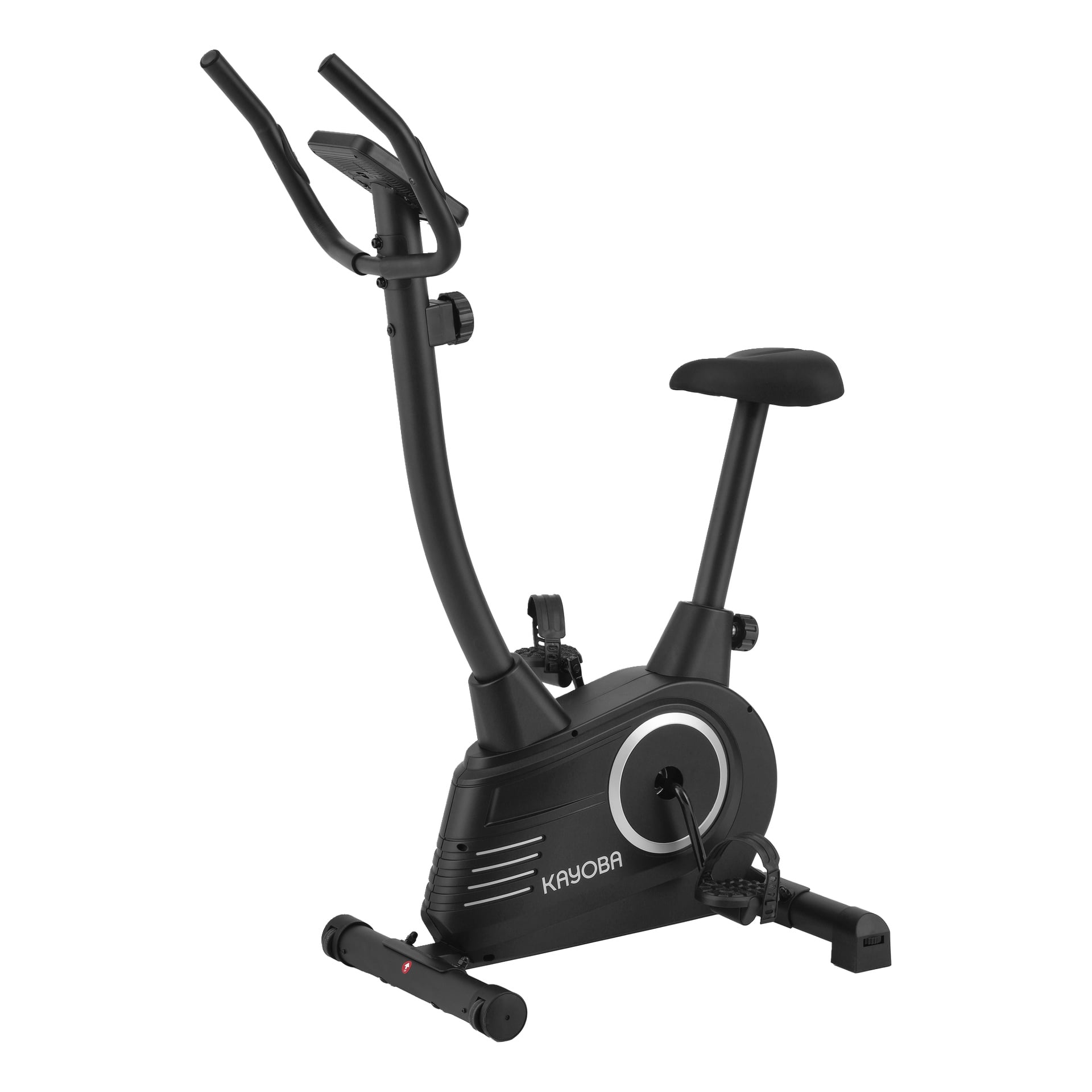 Svart Kayoba motionscykel med vadderad sadel, styre, pedaler och centralt svänghjul. "Kayoba" är tryckt på ramen.