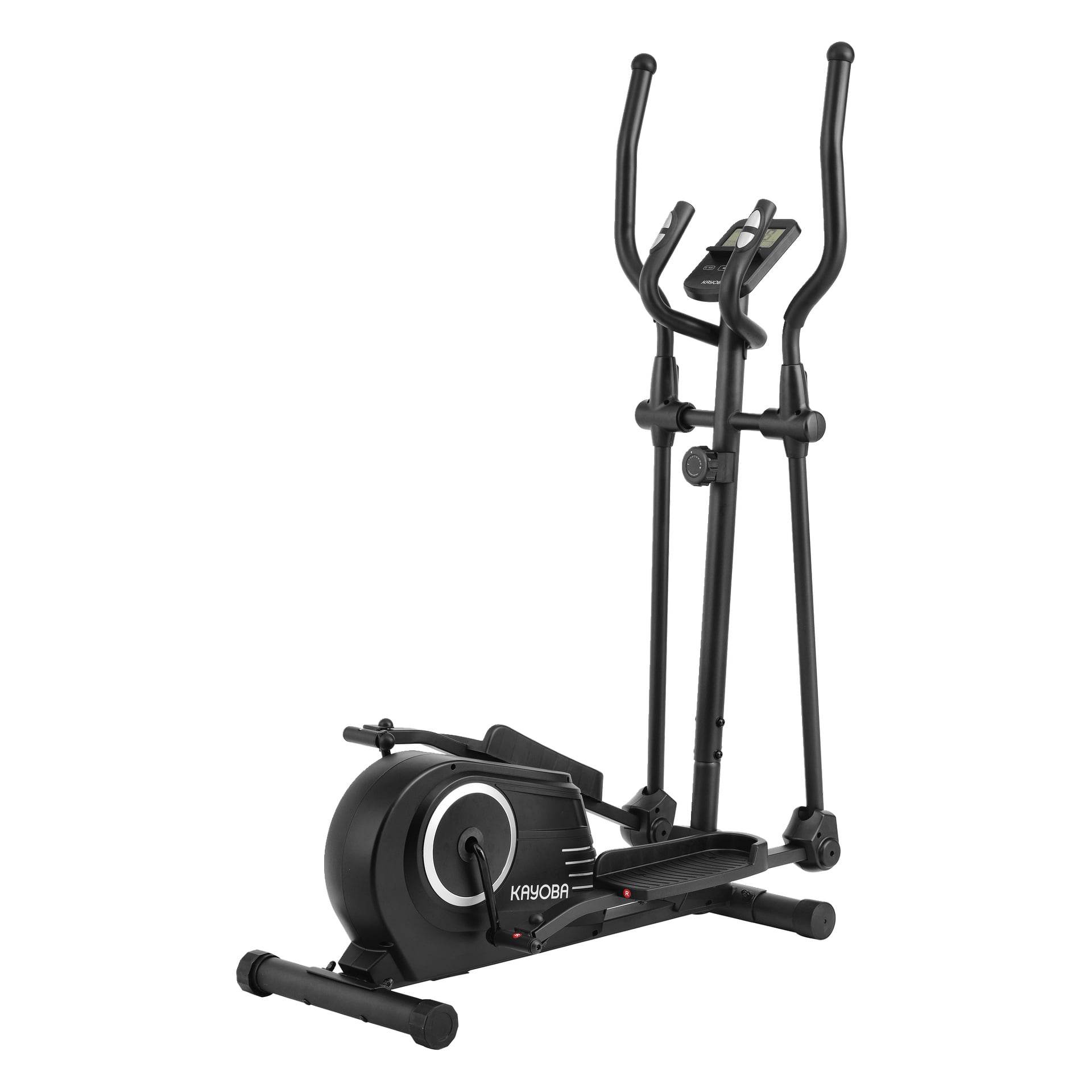 Musta Kayoba Crosstrainer, jossa oli kaksi pidennettyä kahvaa, jalkapolkimet, digitaalinen näyttö ja sen kyljessä näkyvä tuotemerkki.