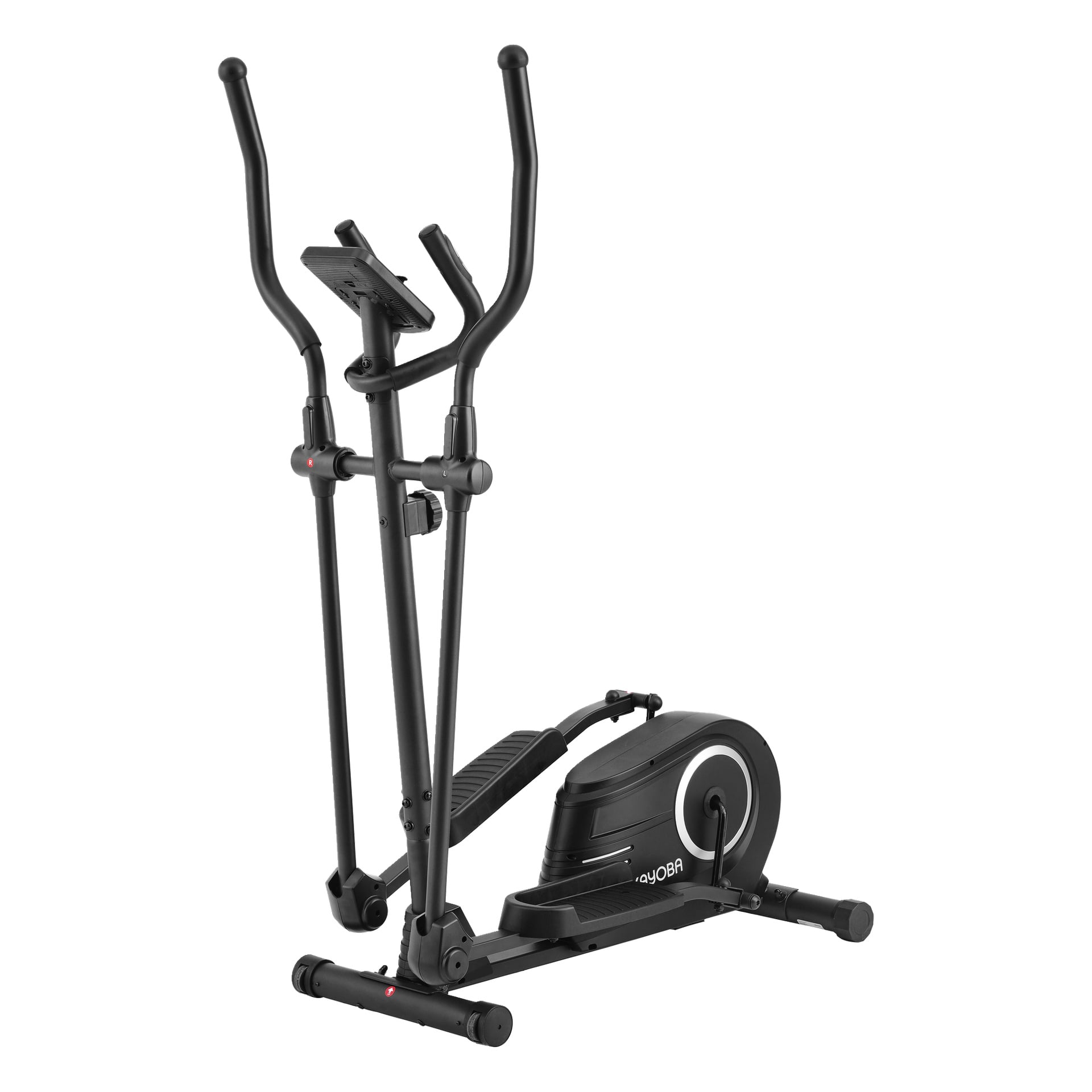 Tyylikäs musta Kayoba Crosstrainer -crosstrainer, jossa on kaksoisohjaustangot, keskinäyttö, polkimet ja vauhtipyörä tehokkaaseen kotiharjoitteluun.