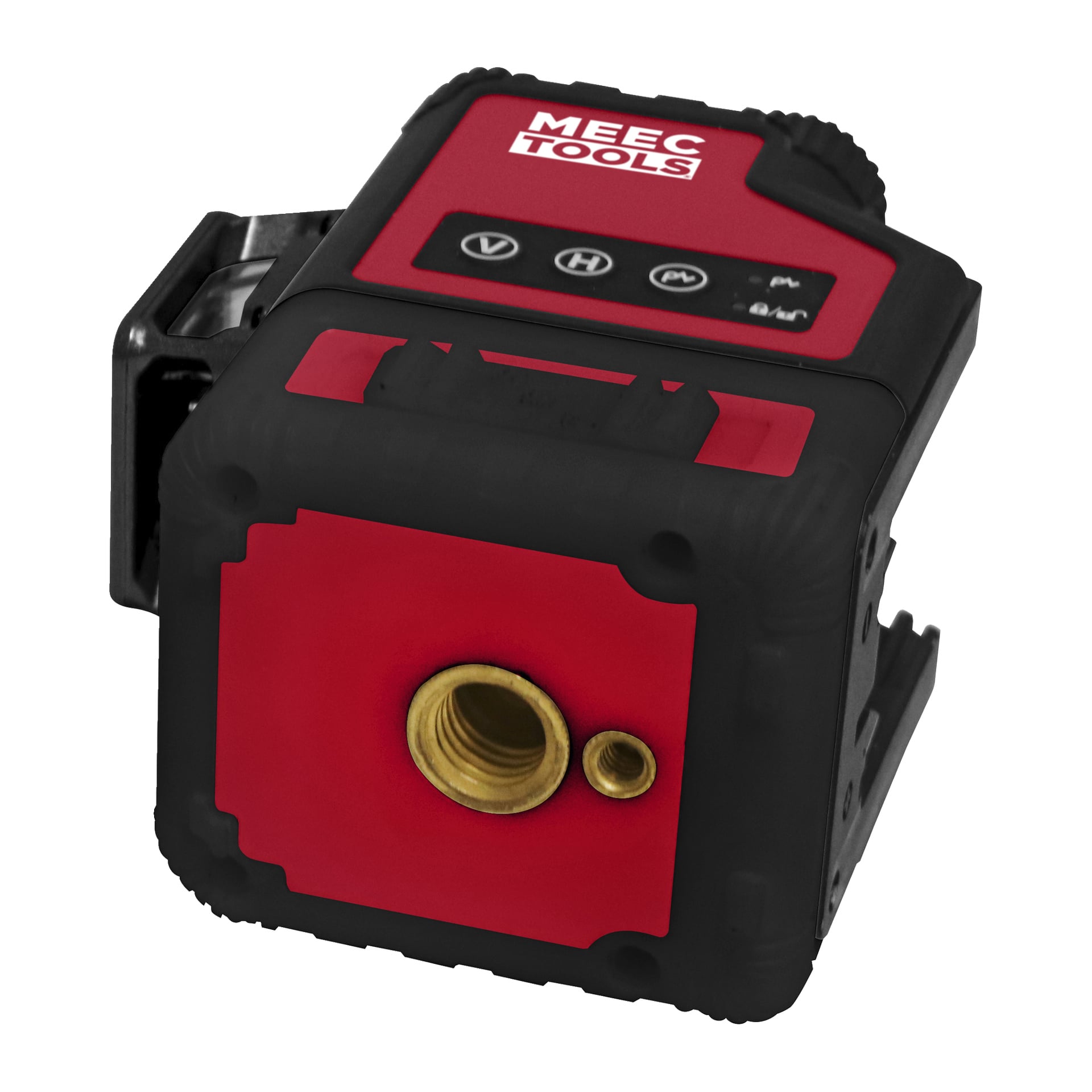 Den svarte og røde Meec Tools Crosshair lasergrønn LZ-18V WORK 700 har messingkontakt, sideåpning, merkede knapper og øverste skjerm.