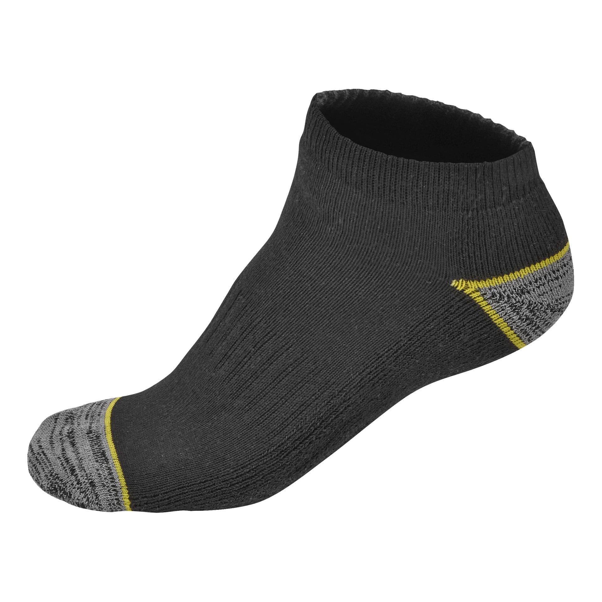 Black Bluewear Work, skarpetka z głębokim dekoltem i szarymi akcentami na palcach/piętach oraz cienkim żółtym paskiem; Sprzedawane w paczkach po 3 pary.