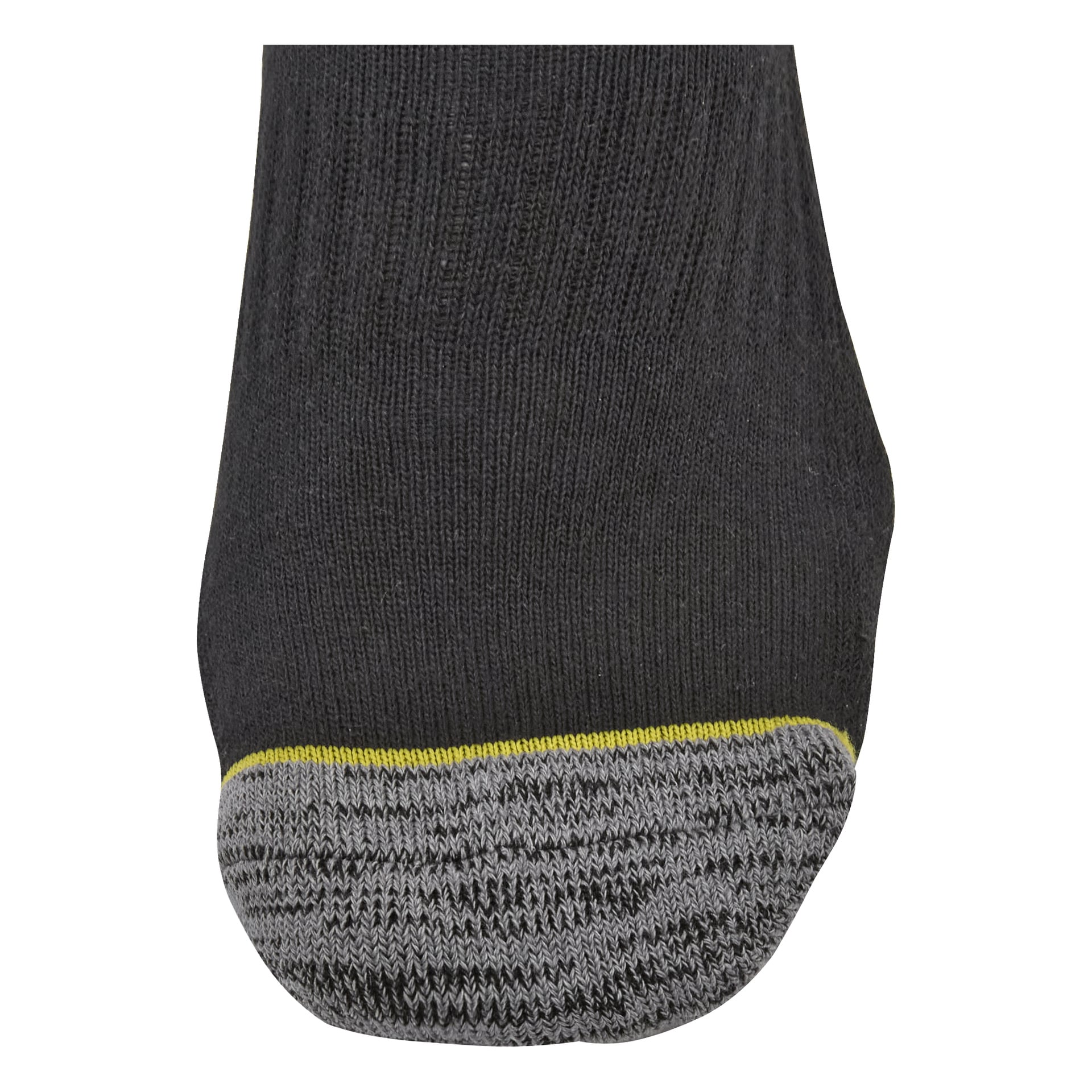 Zbliżenie na palce skarpet Bluewear Work pokazuje materiał, szare wzmocnienie i cienki żółty pasek oddzielający kolory.