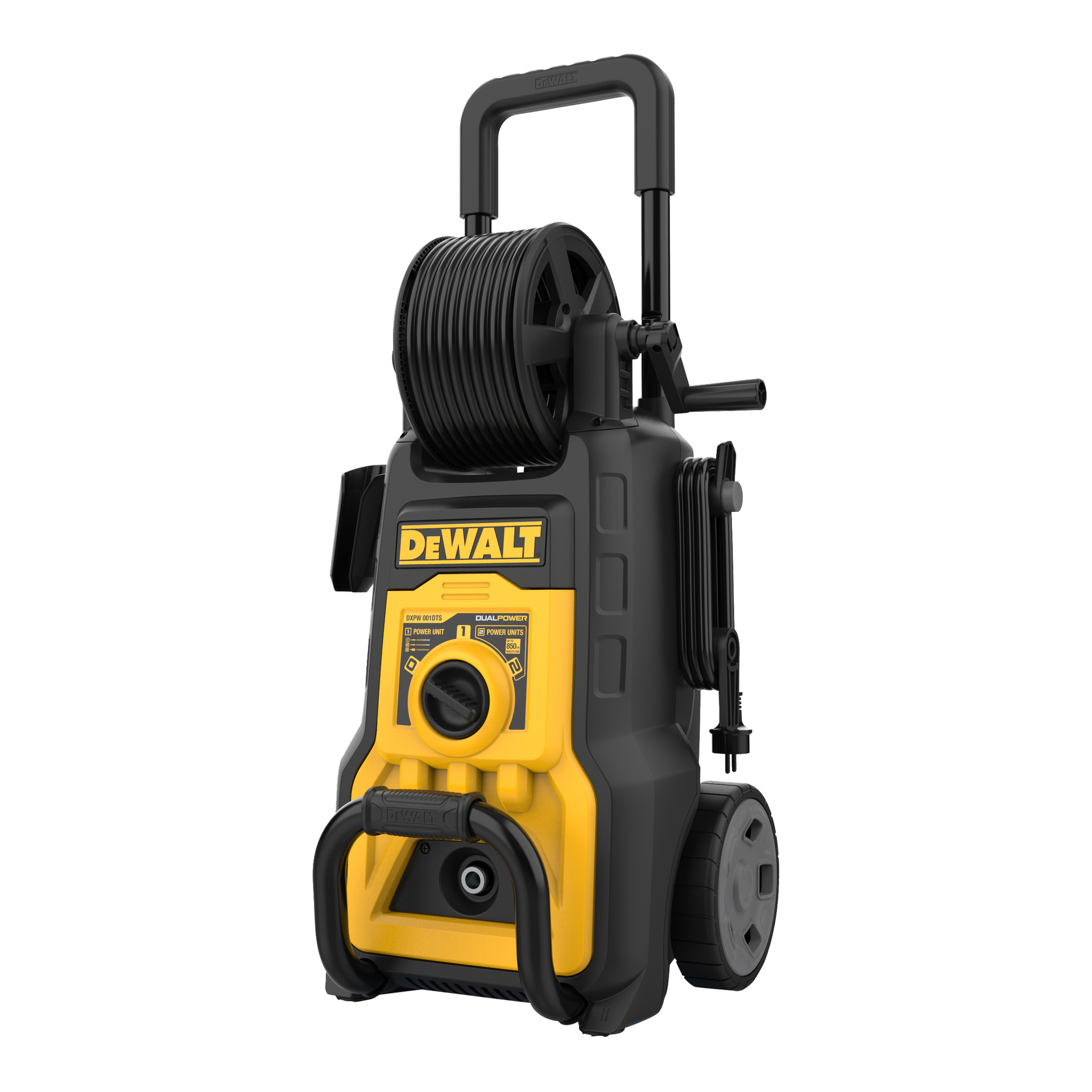 DeWalt DXPW 001DTS -painepesuri keltamustalla muotoilulla, letkukelalla, isot pyörät, kantokahva ja ohjauspaneeli brändäyksellä.