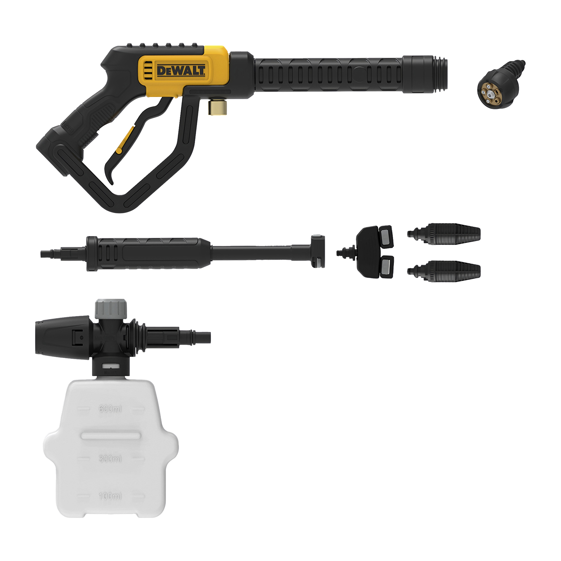 DeWalt DXPW 001DTS -pesulaite, jossa on suihkupistooli, keihäs, kaksi suutinta, saippuapullo, liitin ja kaksi suihkutuskärkeä.