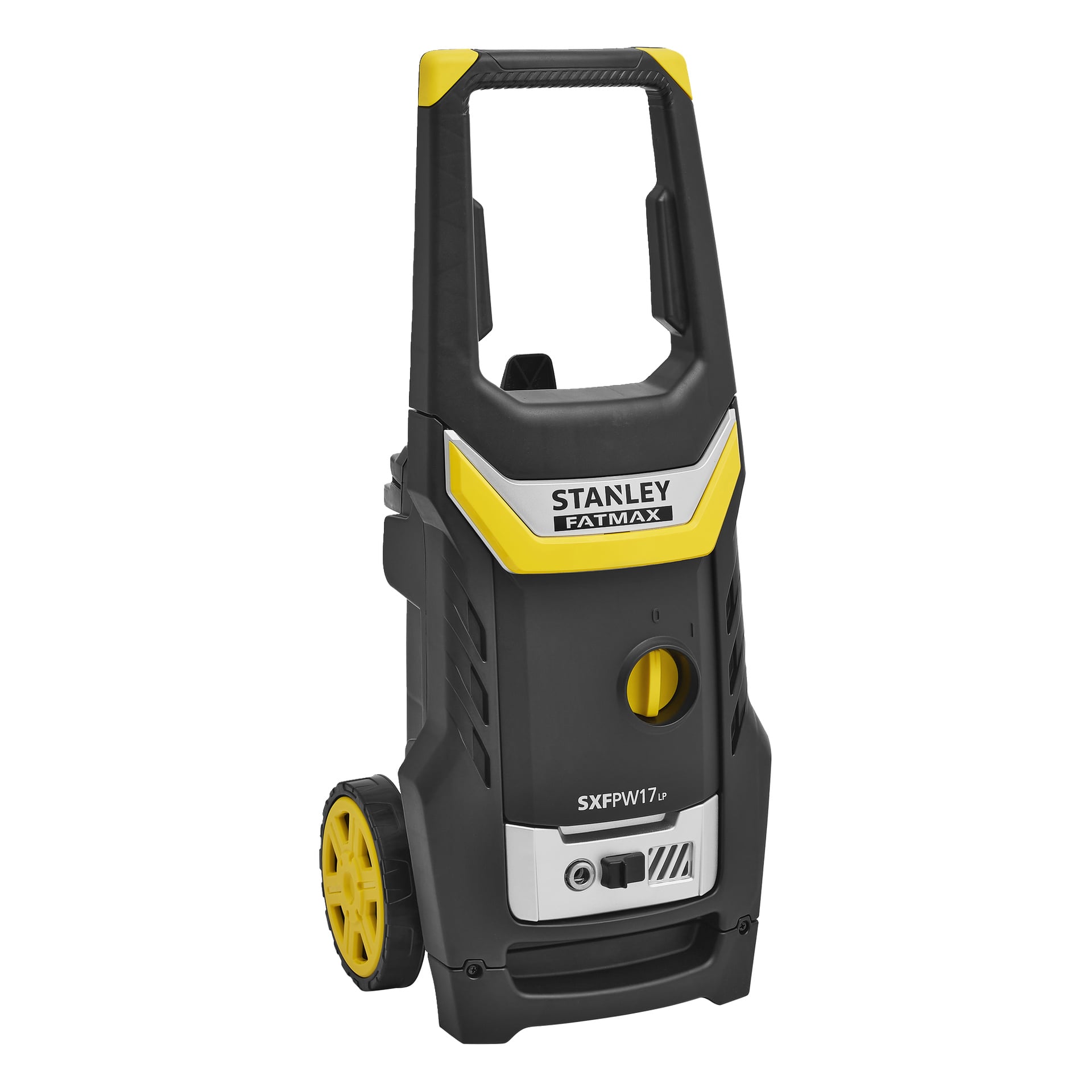 En Stanley Fatmax högtryckstvätt, svart och gul, med stora bakhjul, kontrollpanel framtill och bärhandtag. Modell SXFPW17. Enheten står upprätt mot en vit bakgrund.