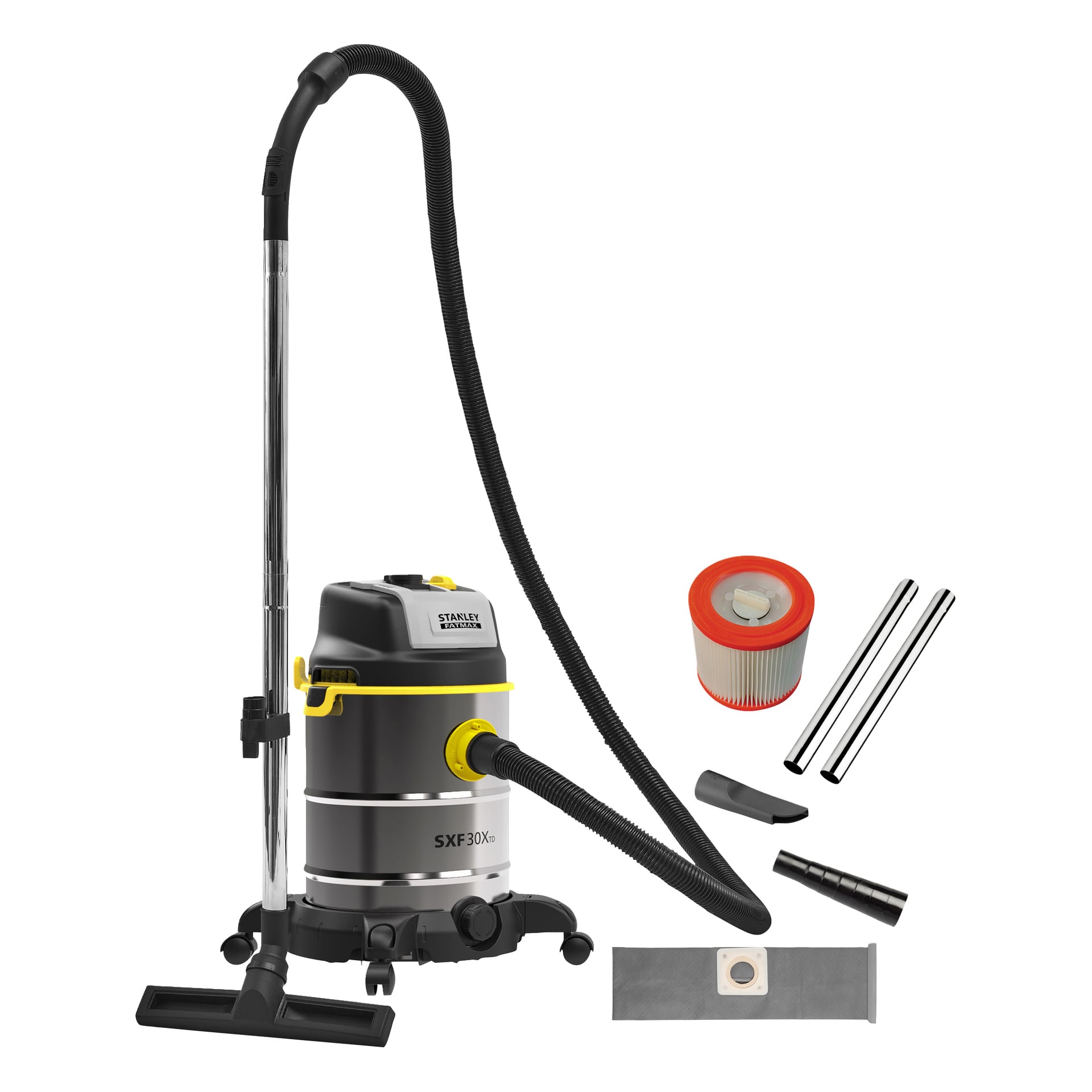 Stanley Fatmax Heavy-duty dammsugare SXFVC30XTD-E i svart och silver med slang, förlängningsstavar, filter, påse och munstycken.