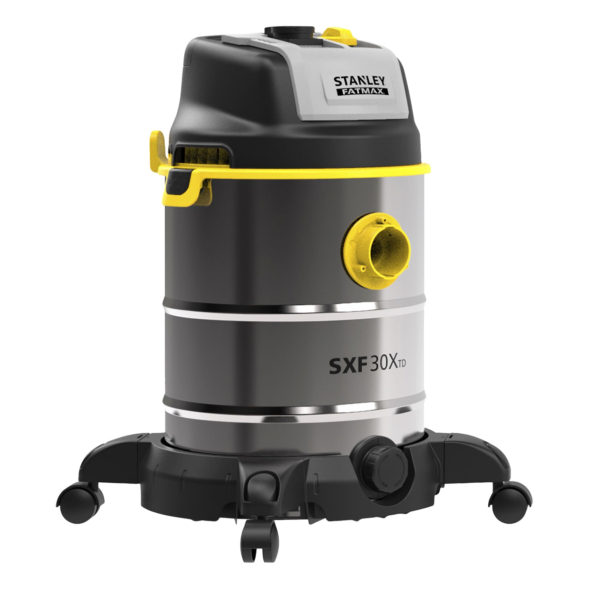 Stanley Fatmax SXFVC30XTD-E är en kraftig dammsugare med svart och silverfärgad kaross, gula detaljer och fyra hjul.
